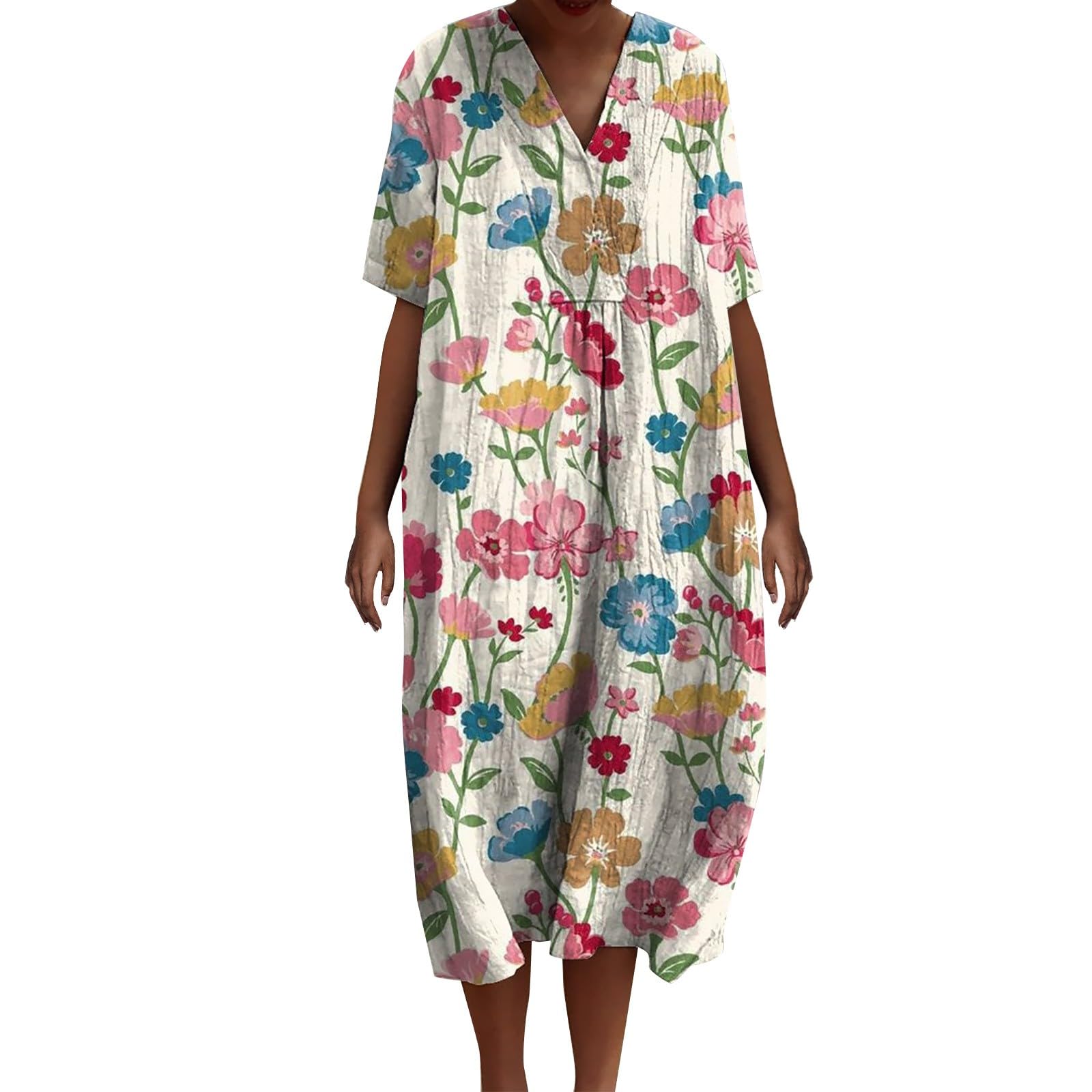 Robe Ete Femme Mi Longue Fluide Chemisier Robes Manches Courtes Casuel Ample A-Line Imprimé Fleur Robes Col en V Soiree Grande Taille Robe Été Femme Longue Décontractée Dresses Fête Travail