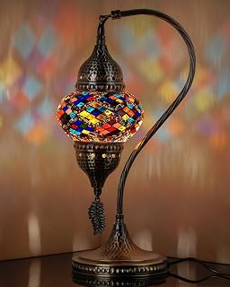 DEMMEX Handcrafted Turkish Moroccan Table Lamp - Swan Neck Tiffany Style Mosaic Glass Bedside Lamp for Bedroom Living Room, Multicolor