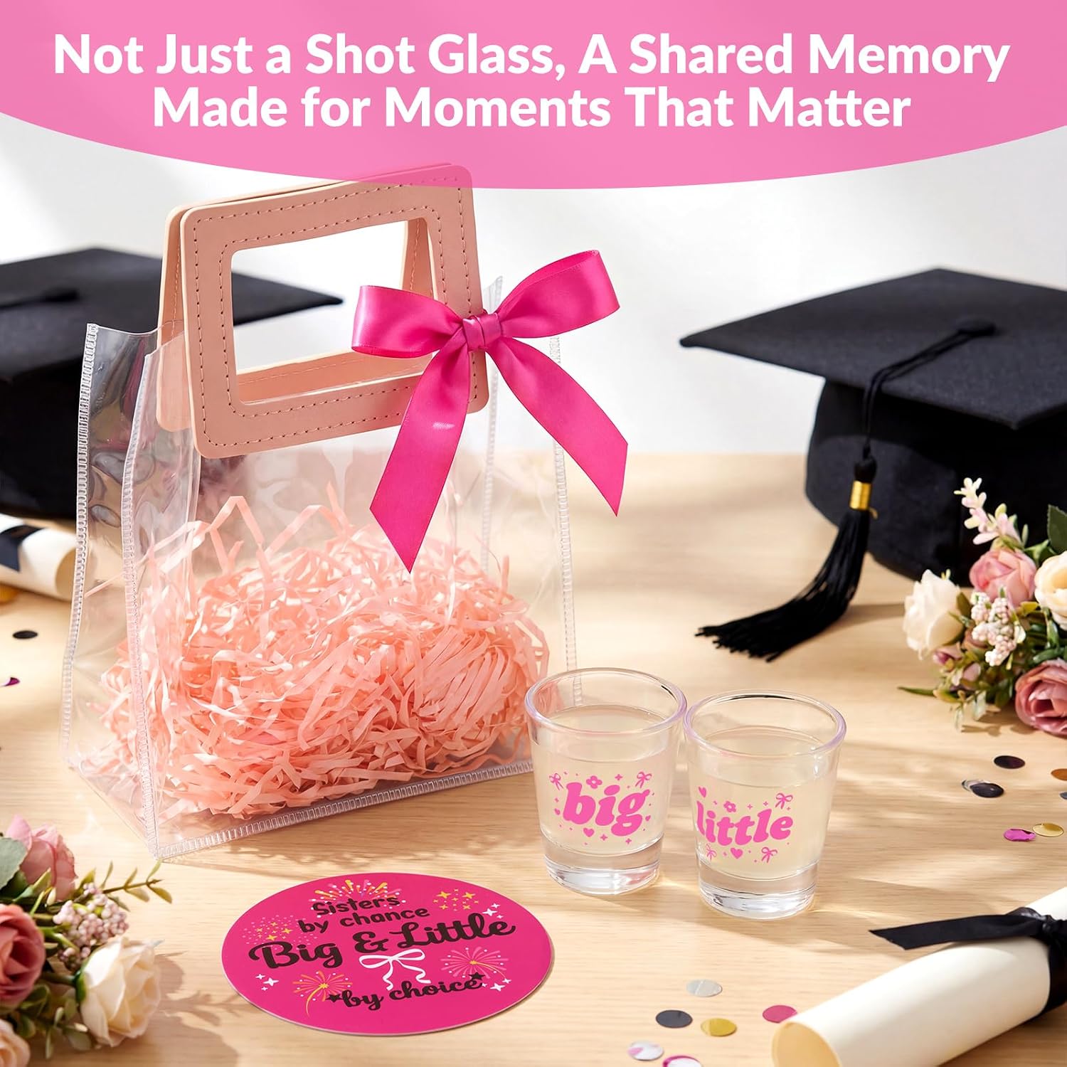 4 Pcs Big Little Sorority Gifts Set 2 oz Pink Shot Glasses with Thick Base Clear Gifts Tote Bags Greeting Cards Mini Tequila Cups for Drinking Glassware Party Favors