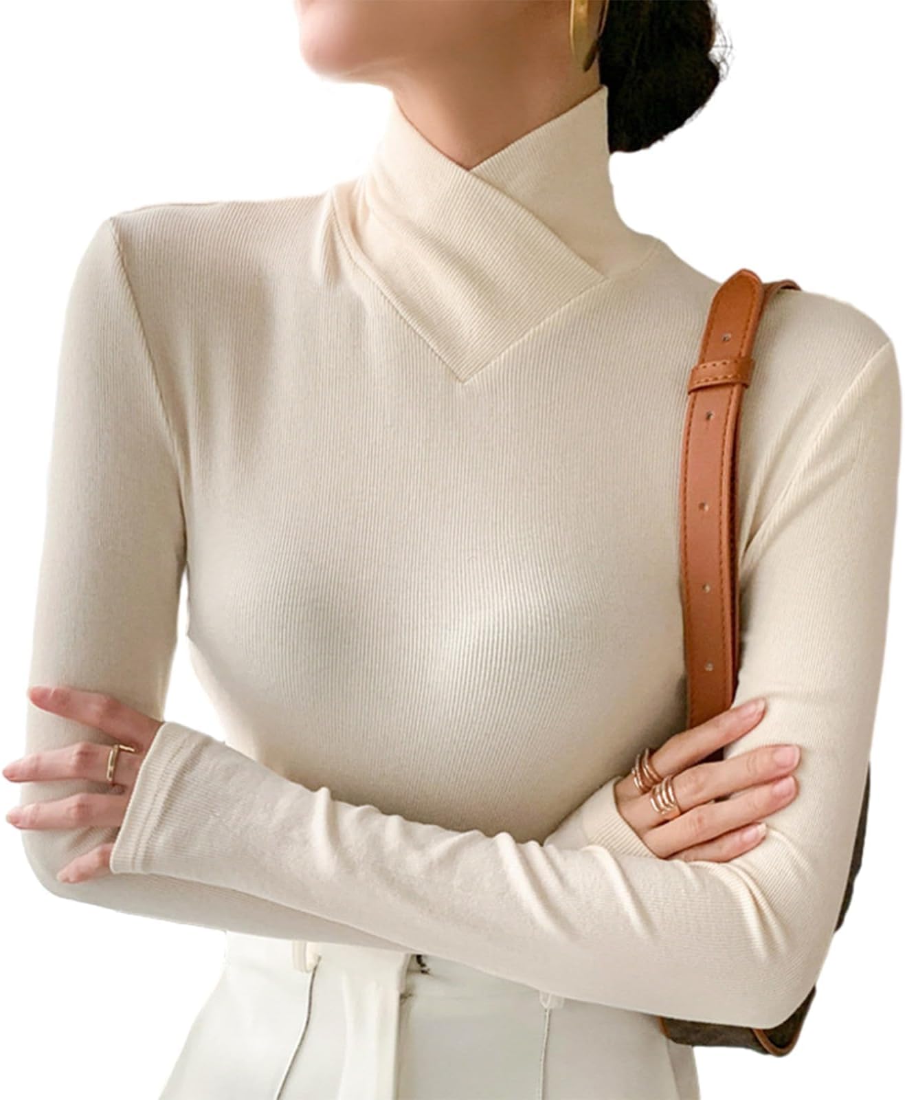 Fleece Crossover Turtleneck, Women's Turtleneck Long Sleeve Base Layer Tops, Stretch Knitted Slim Fit Pullover Sweater