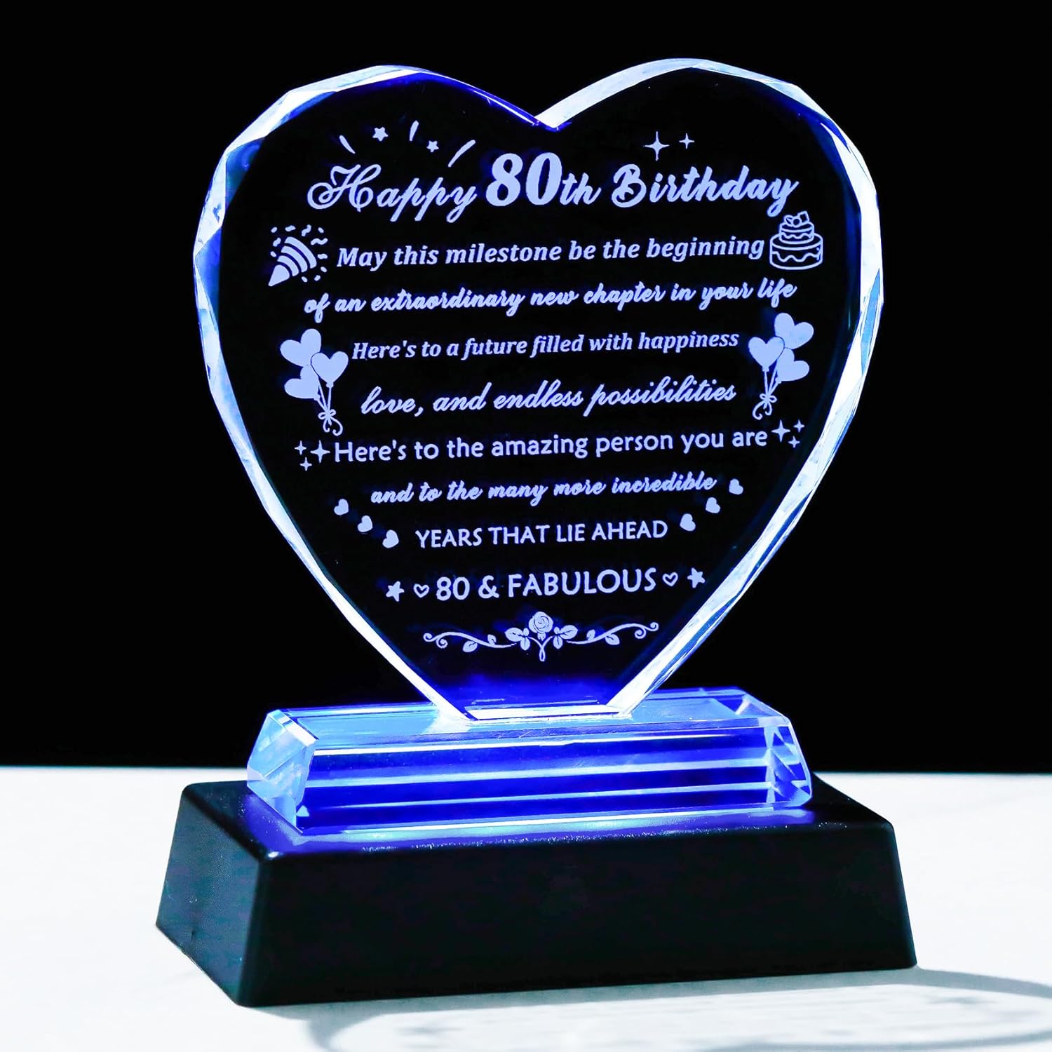 YWHL 80th Birthday Gifts for Women Men with Colorful Light Base, Laser Crystal Heart Happy 80th Birthday Decoration Plaque, Gifts Ideas for 80 Year Old Women Men Mom Dad Grandma Wife Friends