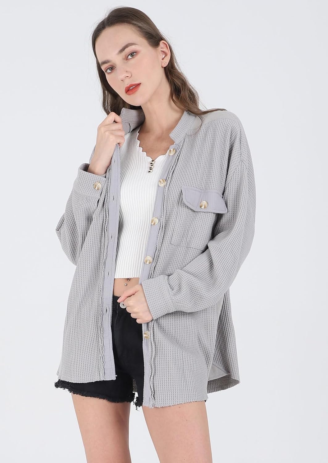 loveimgs Oversized Waffle Knit Shirt Women Fall Shacket Corduroy Long Sleeve Shirts Button Down Shirts Jacket