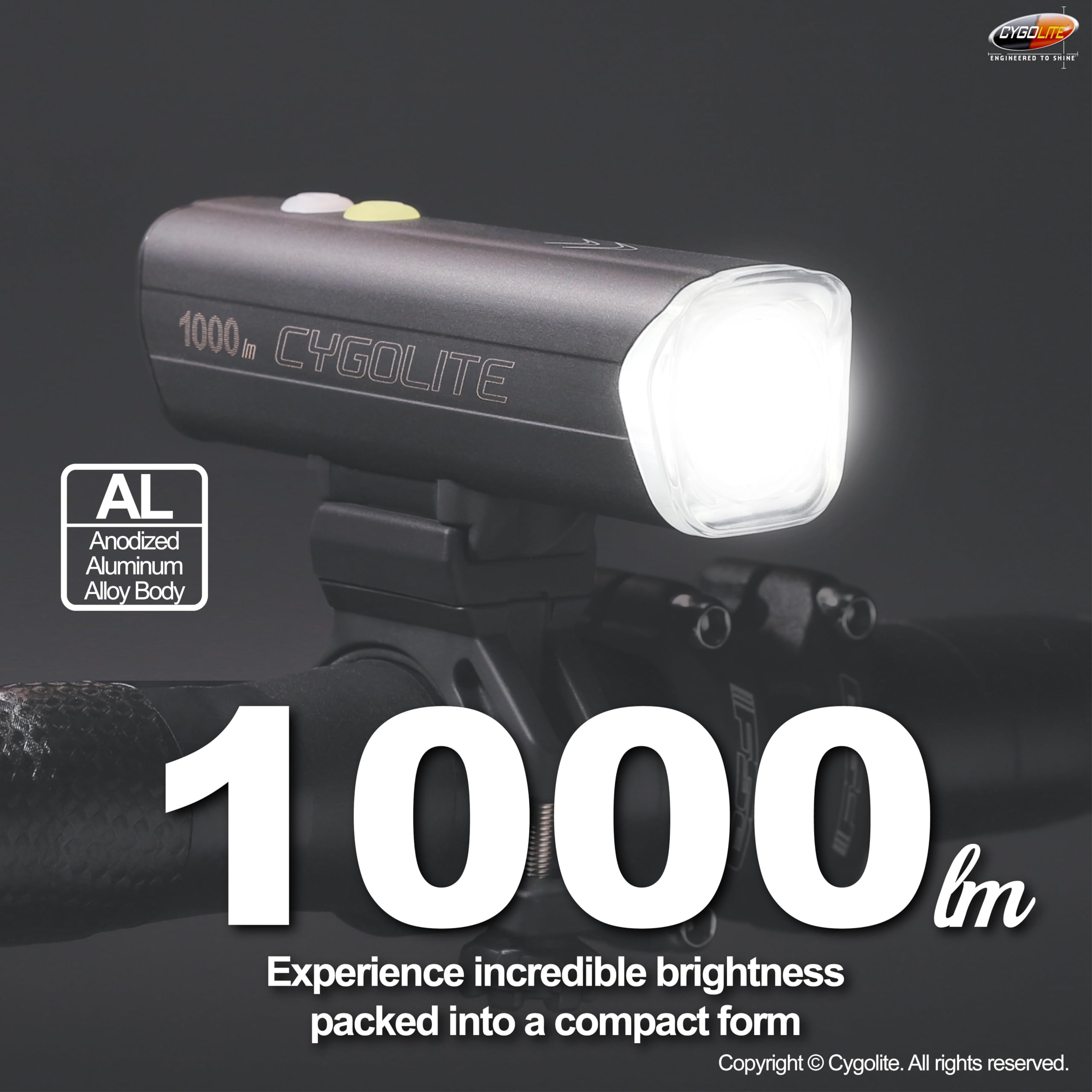 Cygolite Velocity SL Lampe de vélo 1000 lumens en alliage d'aluminium anodisé, 9 modes d'éclairage, luminosité réglable fine, étanche IP67, support rigide sécurisé, recharge USB-C, vélos de route,