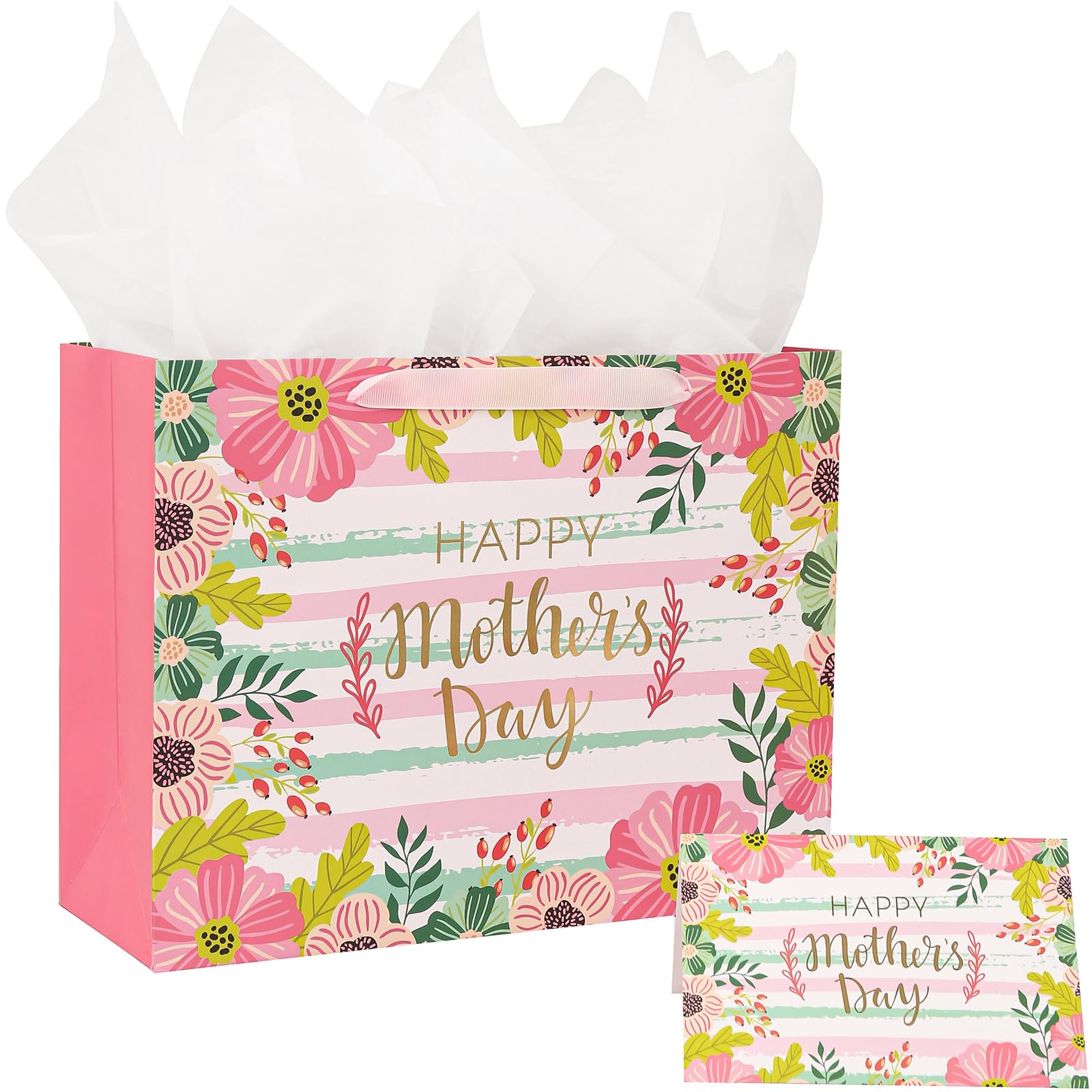 CAMKUZON Large Mother's Day Gift Bag with Card and Tissue Paper for Mom Grandma Nana Sisters - Gold Foil Happy Mother's Day & Pink Floral Design, 13" X 10" X 5"