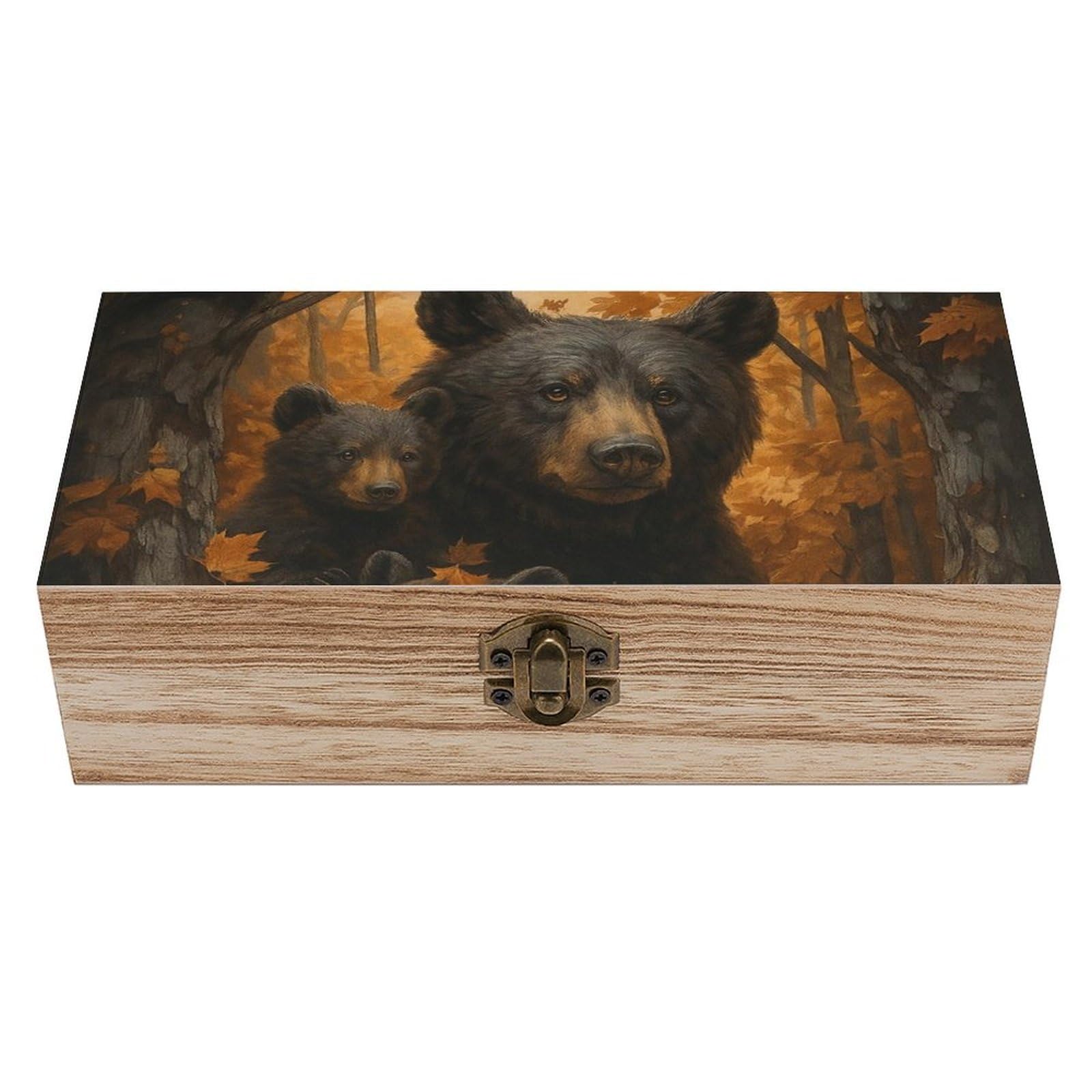 SMAZDFXX Autumn Bear Famliy in Maple Leaves Wooden Storage Box Multipurpose Decorative Box for Jewelry Photo Home Decor