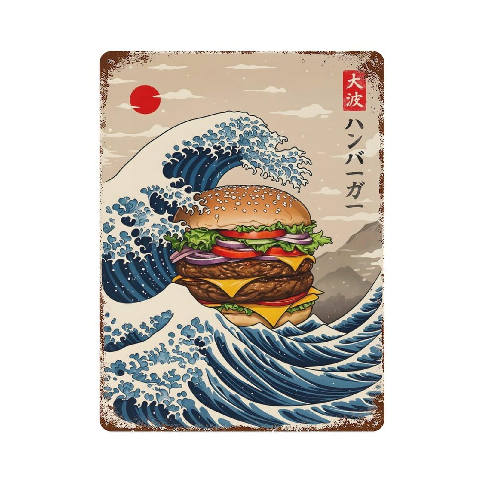 Burger Great Wave Retro Metal Sign 15.7"x11.8", for Pub, Kitchen And Man Cave Decor, Industrial Home Decor