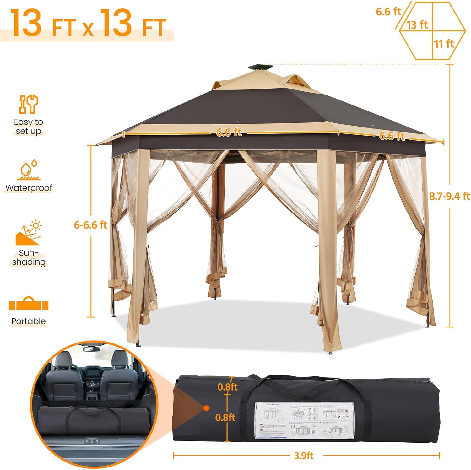 En infografik, der illustrerer dimensionerne på foldepavillonen på 13 m x 13 m, og fremhæver dens nemme opsætning, vandtætte materiale, solafskærmningsfunktion og kompakte, bærbare opbevaring i bagagerummet.