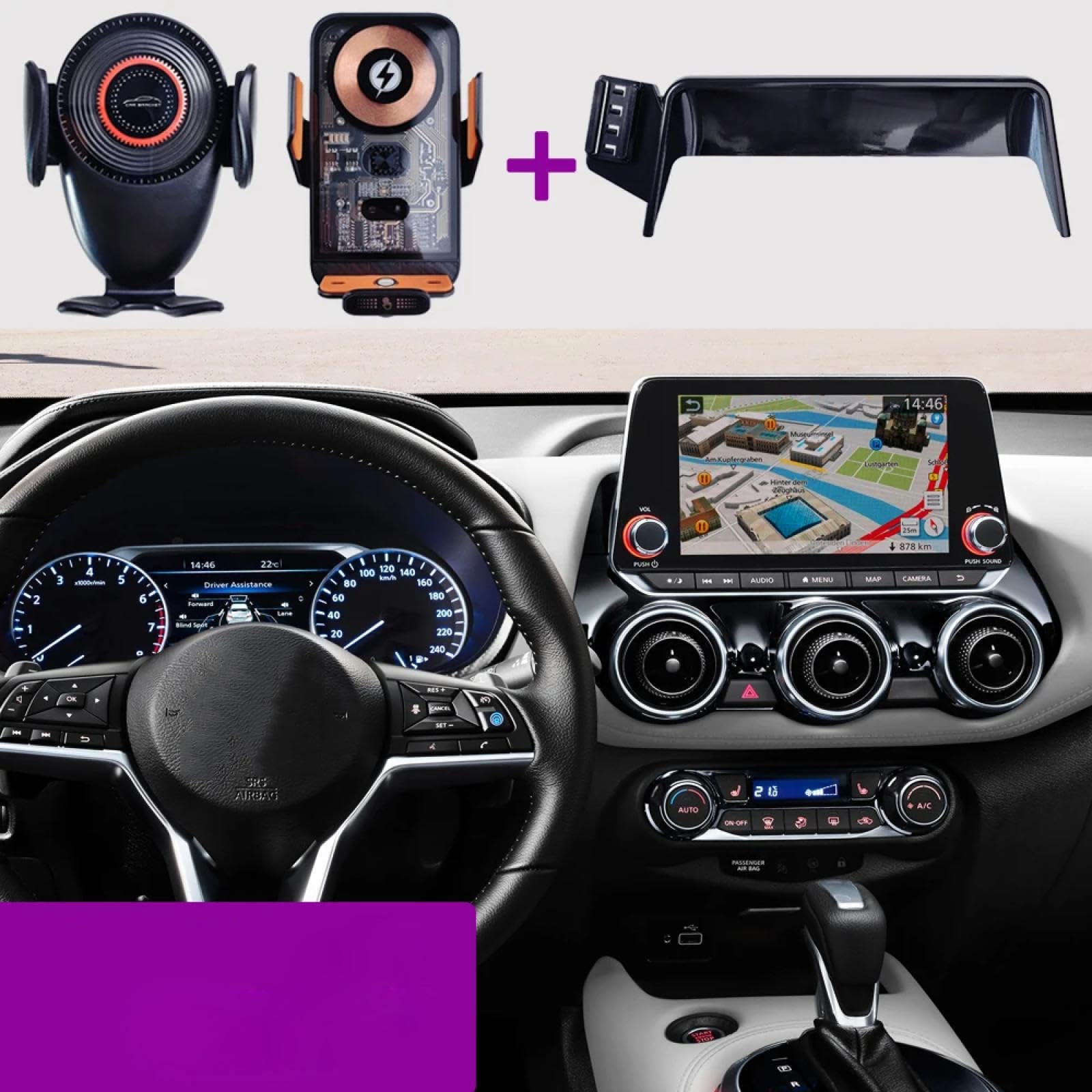 Soporte Movil Coche para Nissan Juke 2019-2023, Soporte para teléfono de Coche, Base Fija para teléfono móvil (Base y Soporte 2)