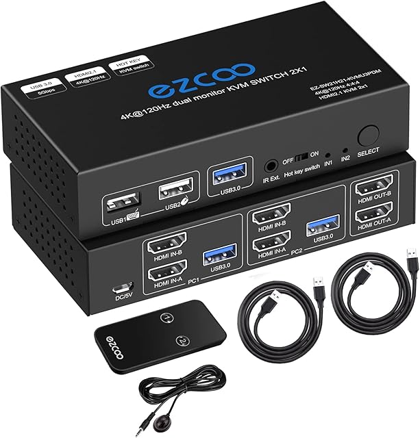 8K 60Hz 4K 120Hz HDMI 2.1 KVM Switch Dual Monitor USB 3.0 2 Ports with Hotkey 48Gbps HDCP2.3 2x HDMI Extended Display Share 2 PC with one Keyboard Mous HDR D-olby Vision VRR IR Remote Control