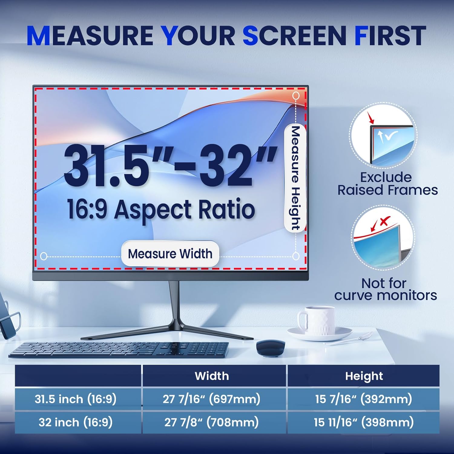Magnetic Privacy Screen for 32 Inch Flat Computer Monitor 16:9 Aspect Ratio,32in Removable Anti Glare Filter,Blue Light Blocking Privacy Shield Eye Protection,Hanging Anti Spy Desktop PC Protector