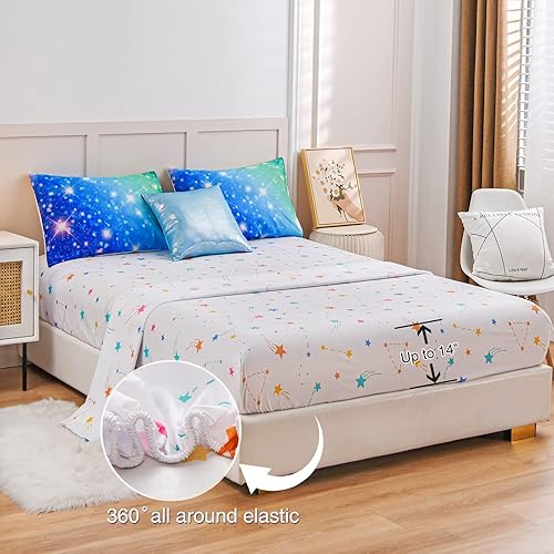 Miniatura 3 de A Nice Night Juego de ropa de cama de 6 piezas con purpurina degradada para niñas, juego de edredón colorido de galaxia arco iris, juegos de ropa de