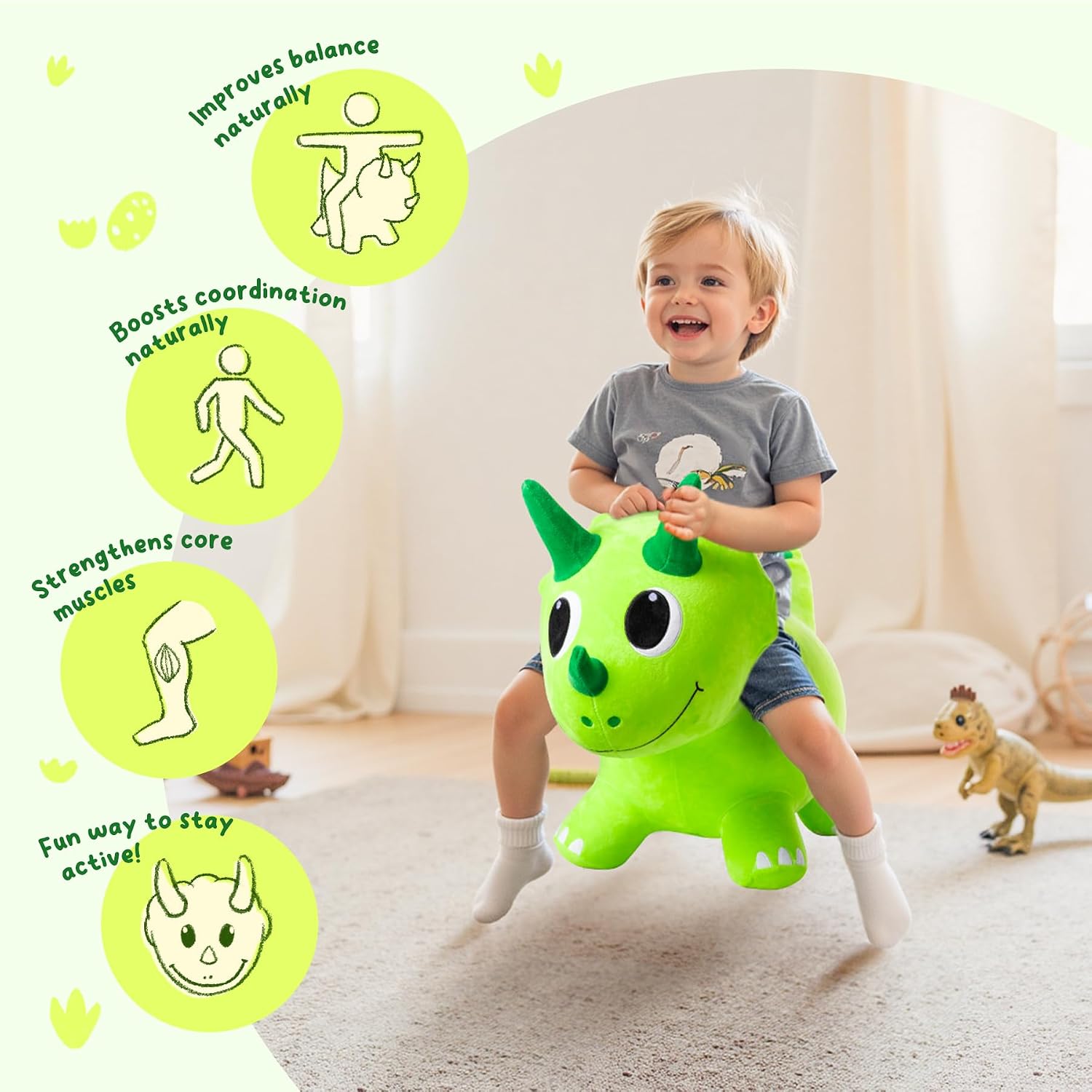 ZOOJOY Plush Bouncy Dinosaur Hopper for Toddlers Soft Covered Inflatable Ride-On Animal Horse Hopper, Dino Bouncy with Pump, Indoor Outdoor Ride On Toys for 18 Months 2 3 4 5 6 Years Boys Girls