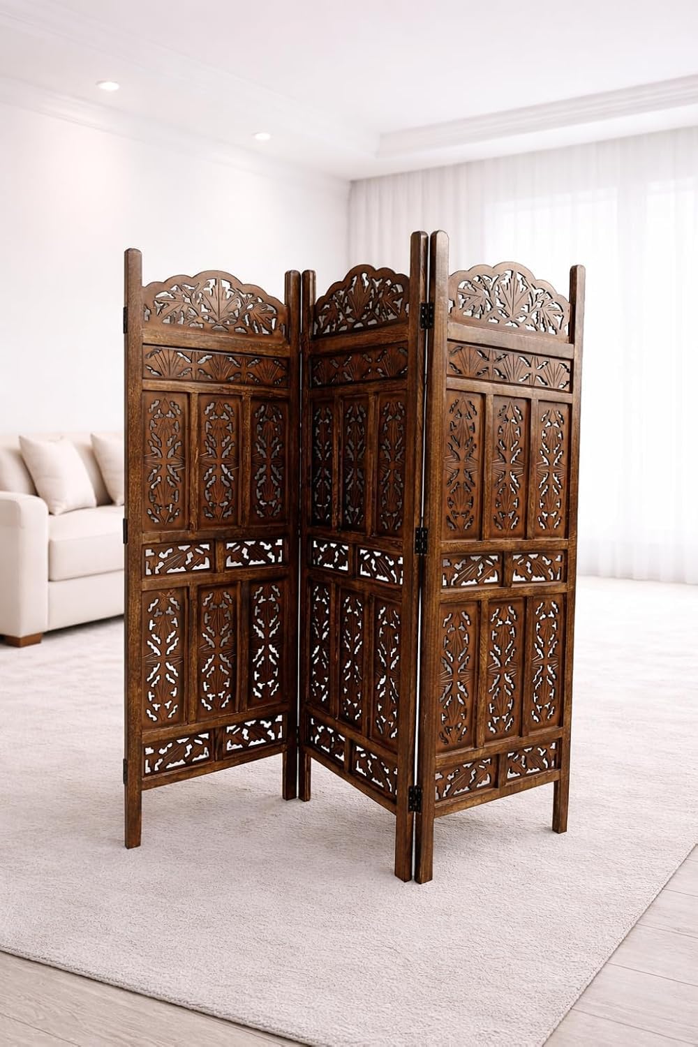 Home & Goods International Wooden Room Divider Partition - 5-FT Folding Privacy Screen Decorative Freestanding Panel for Home, Office & Studio with Royal Jali Design ~ Brown (3 Panel)