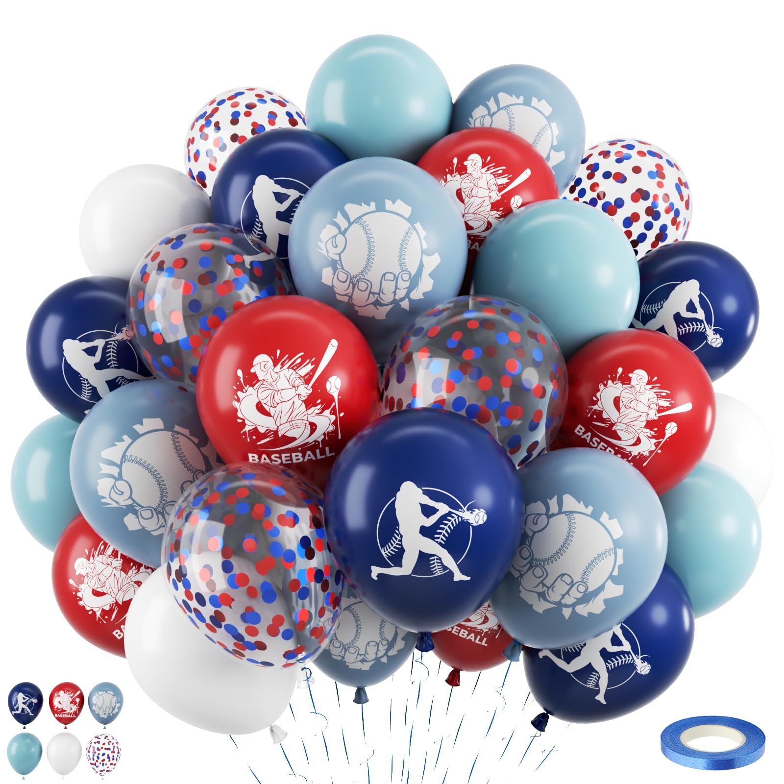 Baseball Balloons for Party Decorations, 12 In Navy Blue Red White Balloons