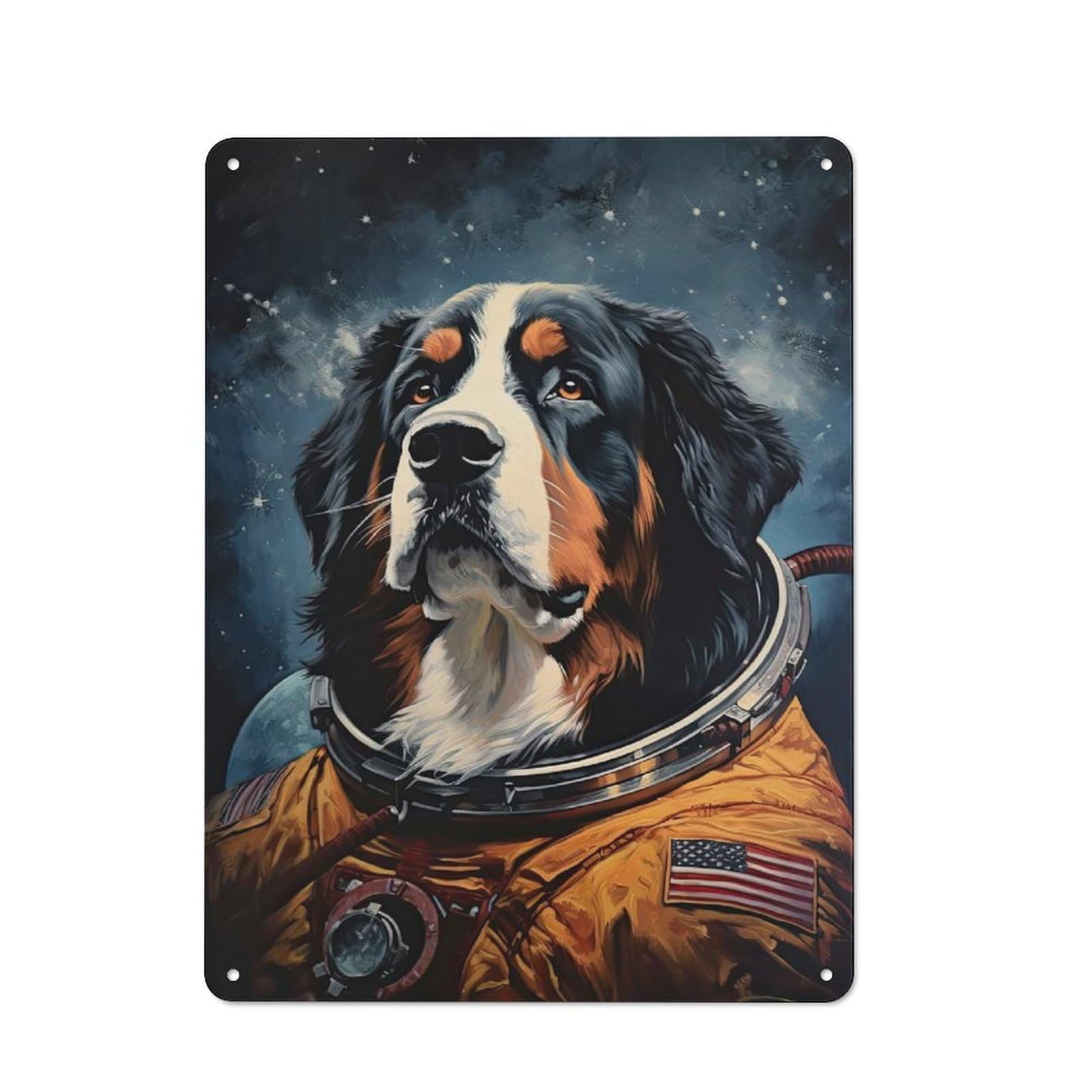 Garden Style Tin Sign 40x30cm Featuring Bernese Mountain Astronaut, Shed Wall Decor for Patio Bar, Workshop, Shed Or Kitchen