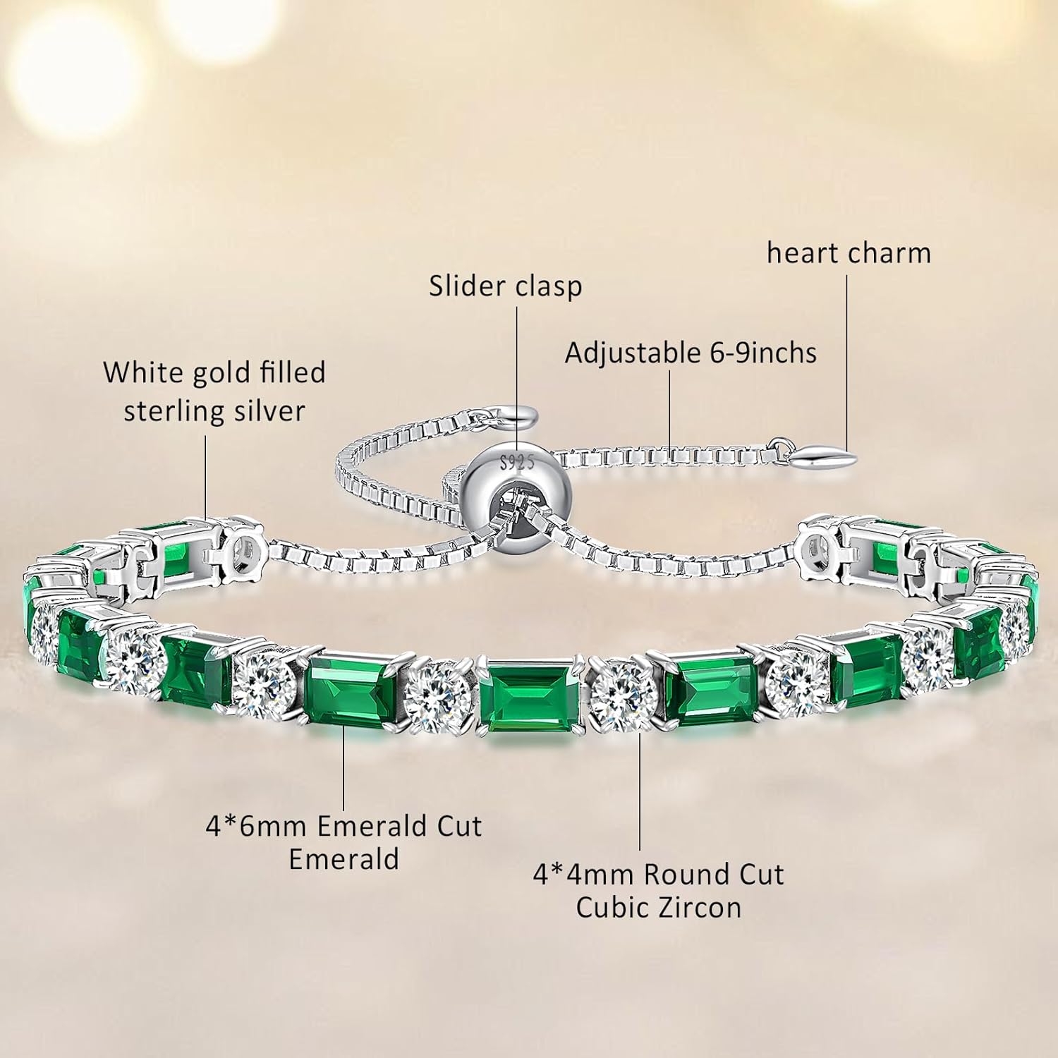 Birthstone Tennis Bracelets for Women White Gold Sterling Silver Gemstone Bracelets Adjustable Chain 6-9 Inchs Jewelry Anniversary Birthday Gifts for Women Mom Wife Her
