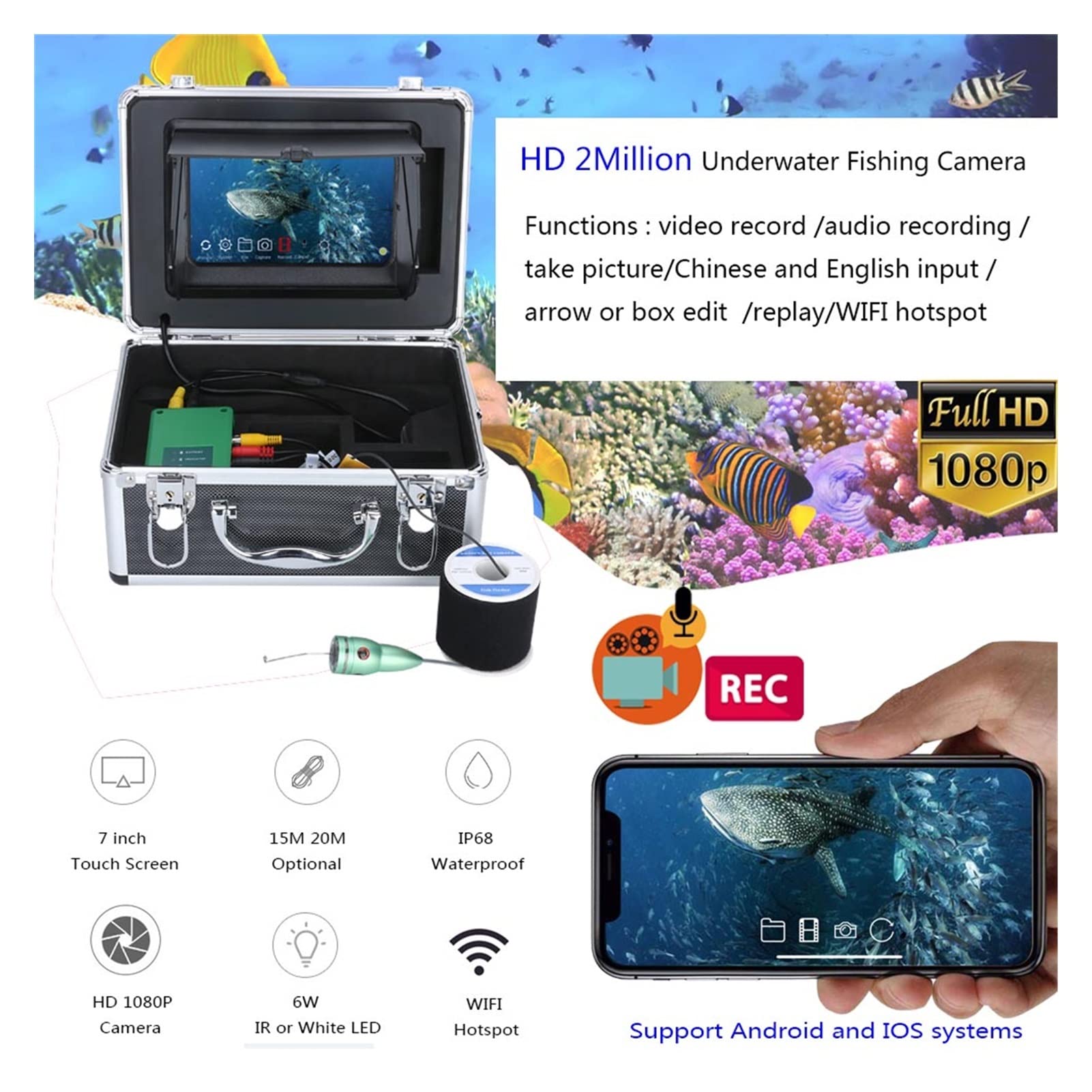 Fischfinder, Fischfinder Unterwasserfischen 1080p Kamera Kit 7 Zoll W-LAN Wireless 1. 6 GB Videoaufnahme DVR + 15m 6W IR
