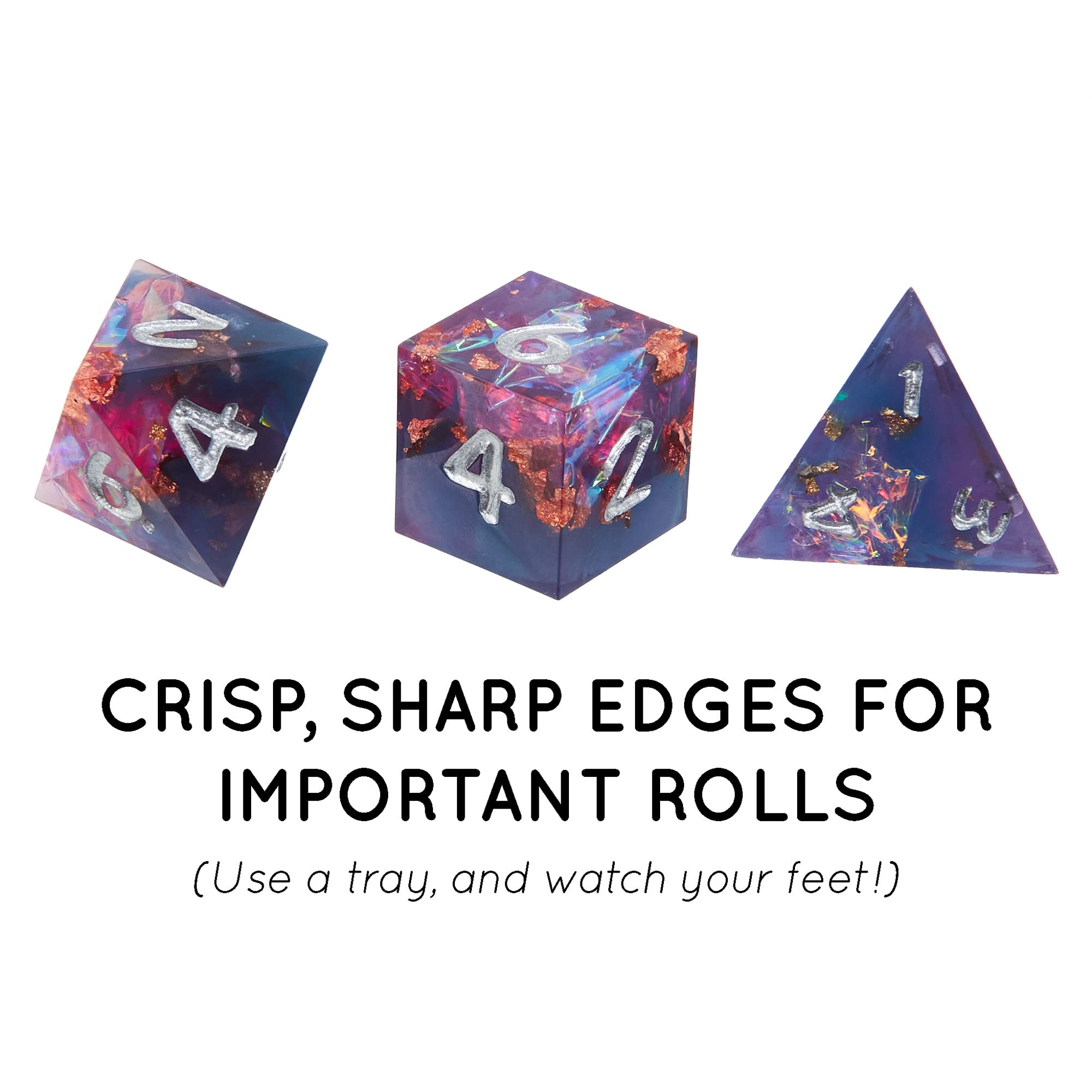 Dés polyédriques Sharp Edge dans un étui en cuir – Lot de 7 matrices en résine avec insert en aluminium arc-en-ciel – Coffre de protection – Accessoires et articles de collection TTRPG DND