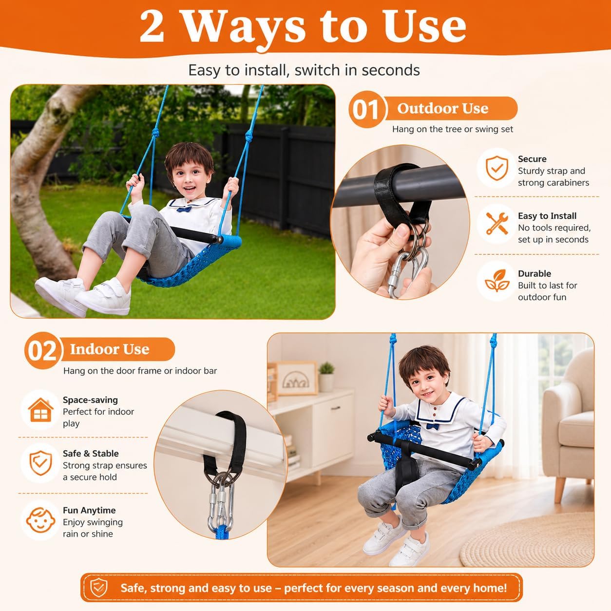 Kids Swing Seats Indoor Hand-Made Net Swing with Adjustable Rope Tree Swings for Kid Child Backyard Playground Swings Outside Indoor (Blue image 5
