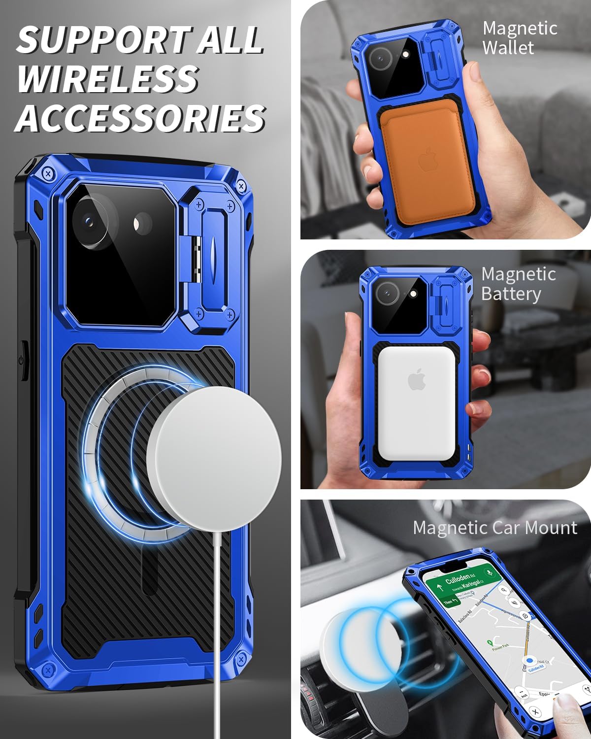 Lanhiem for iPhone 17e Case & iPhone 16e Metal Case with Camera Cover & Stand [Compatible with MagSafe] [Built-in Kickstand] [Military-Grade Protection] Heavy Duty Rugged Magnetic Phone Case, Blue