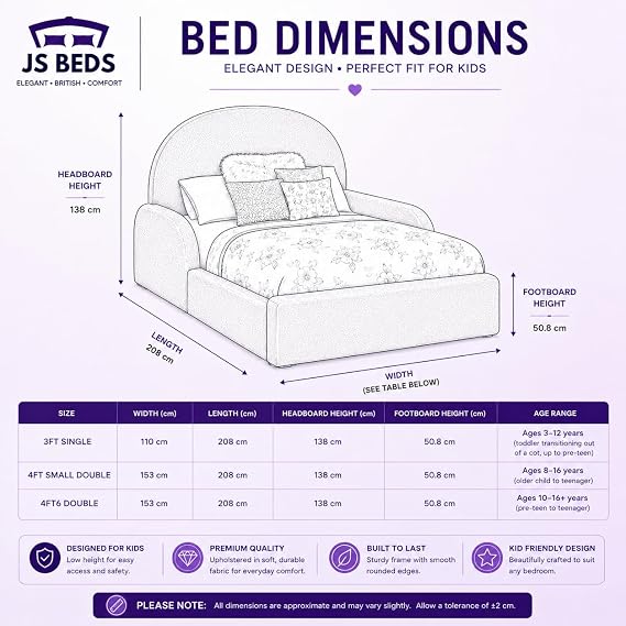 J&S BEDS Kids Single Bed Frame, Teddy Boucle Upholstered Kids Bed with Padded Headboard & Wooden Frame, Soft Boucle Single Bed for Children — Cream