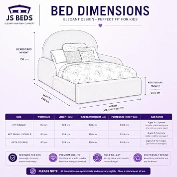 J&S BEDS Kids Single Bed Frame, Teddy Boucle Upholstered Kids Bed with Padded Headboard & Wooden Frame, Soft Boucle Single Bed for Children — Cream