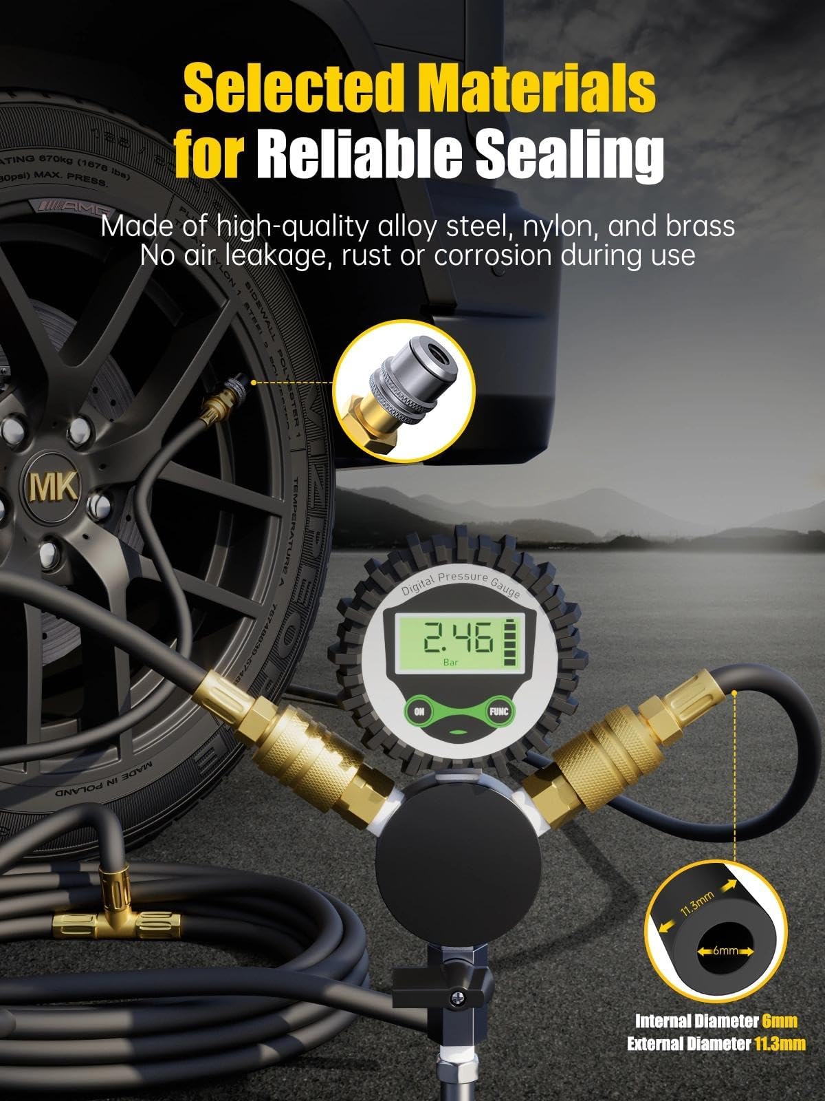 MIKKUPPA 4-Fach Reifenfüller mit Digital Manometer – Gleichzeitiges Aufpumpen & Druckausgleich aller Reifen – 0–200 PSI, LED-Display, Kompatibel mit Kompressoren für Auto, Motorrad & Anhänger