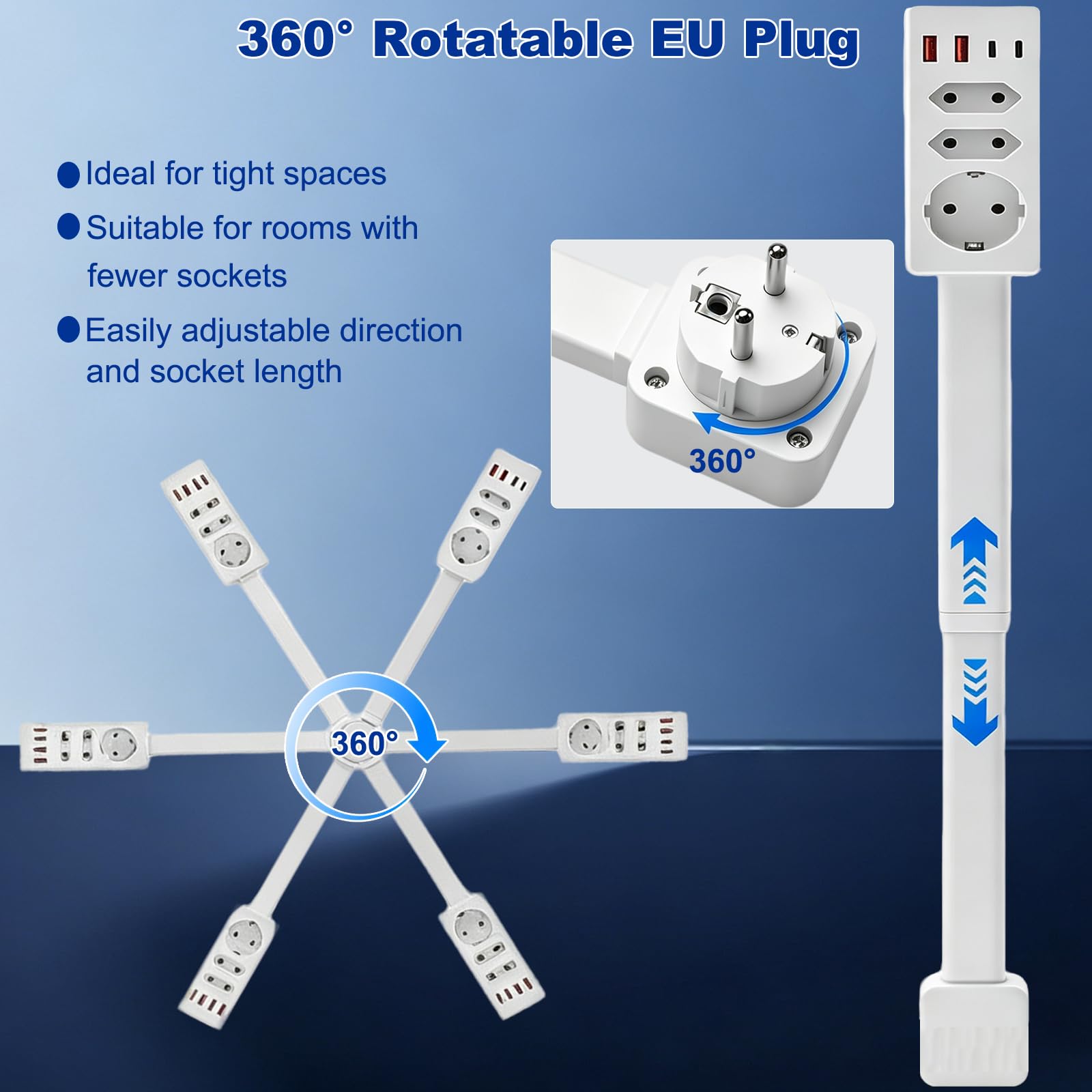 Prolunga estensibile (47-67 cm), con funzione girevole, 3 prese + 2 USB-A + 2 USB-C, orientabile a 360°, per soggiorno, scrivania, camera da letto