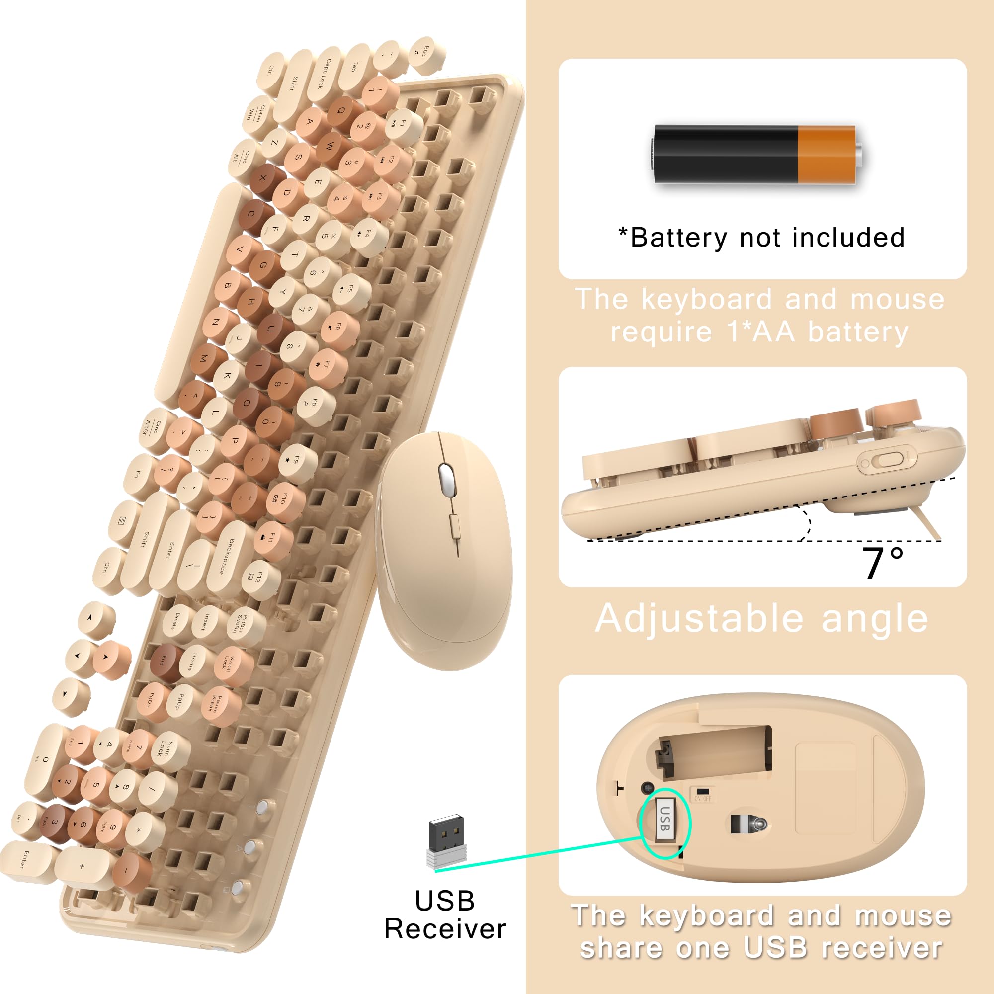 MPTOG Combo de teclado y mouse inalámbricos coloridos para computadora con teclas redondas de máquina de escribir, diseño retro, interruptor de encendido, diseño ergonómico, inalámbrico de 2.4 GHz