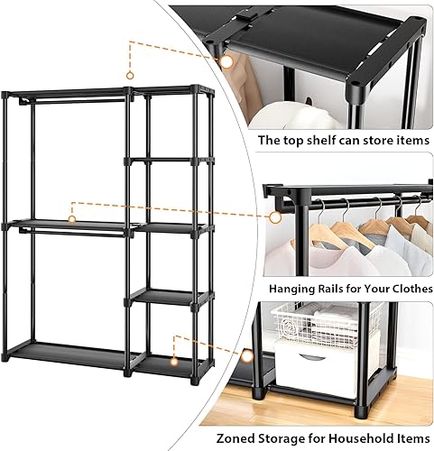 Vista 7 de Mavivegue Armario portátil de 4 niveles con estantes y barra para colgar, armario portátil para dormitorio, armario, dormitorio, perchero de ropa