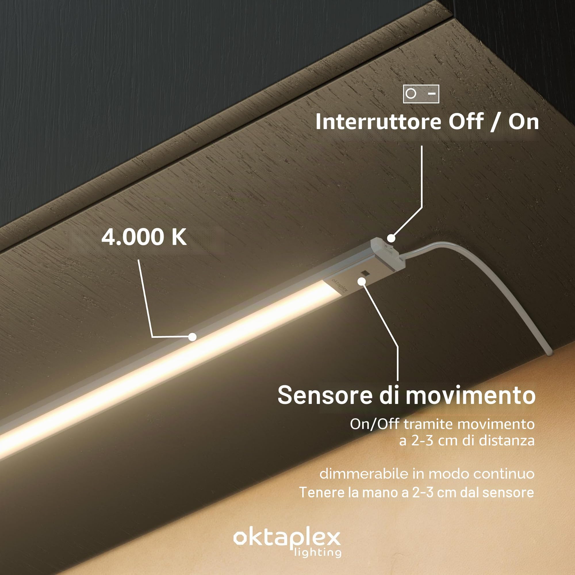 Oktaplex Riva illuminazione LED sottopensile con sensore 90 cm | 760 lm e 9,9 W, 4000 K bianco neutro su 230 V, dimmerabile con sensore gestuale e corpo in alluminio argento ultrapiatto