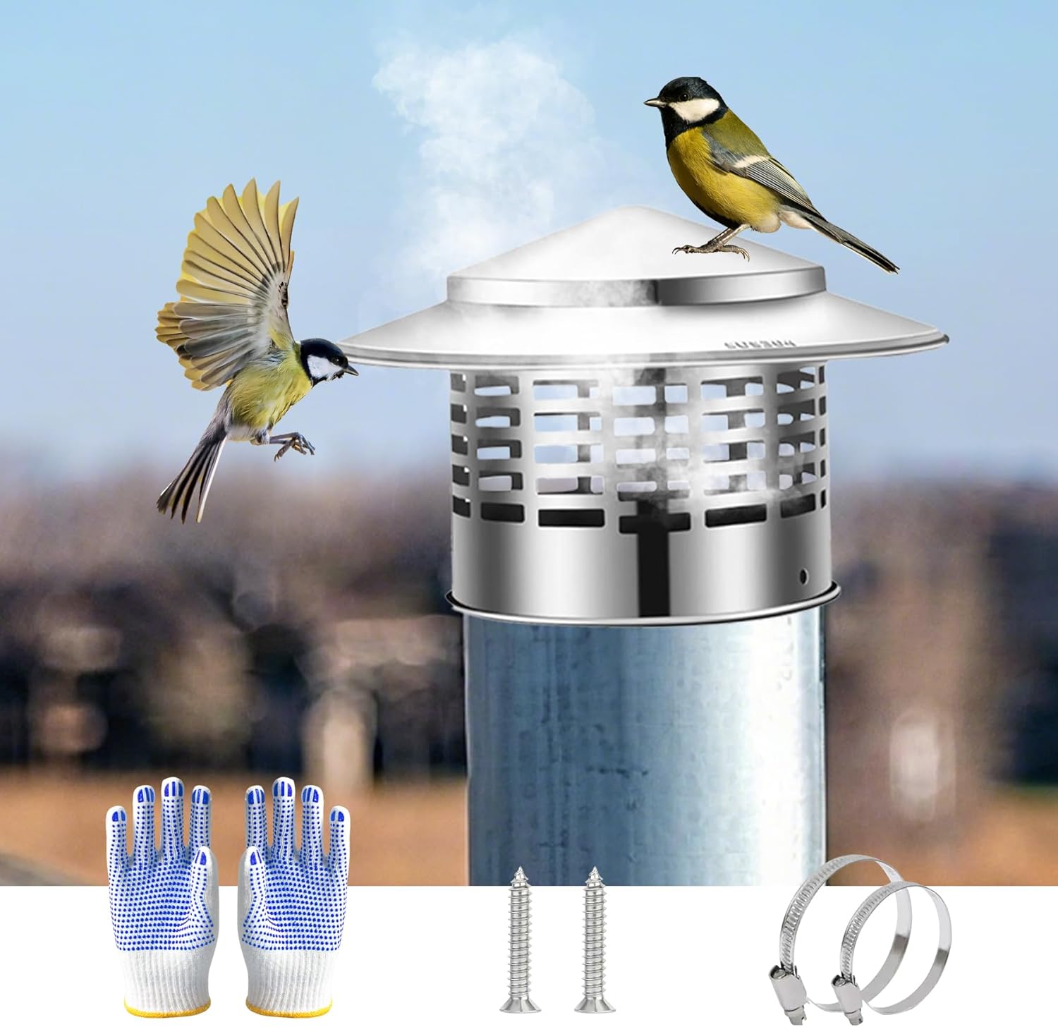 8 Inch Chimney Cap, 304 Stainless Steel Stove Pipe Cap with Spark Arrestor Mesh, Dual Fastening System for 8" Inner Diameter Wood Stove Pipe