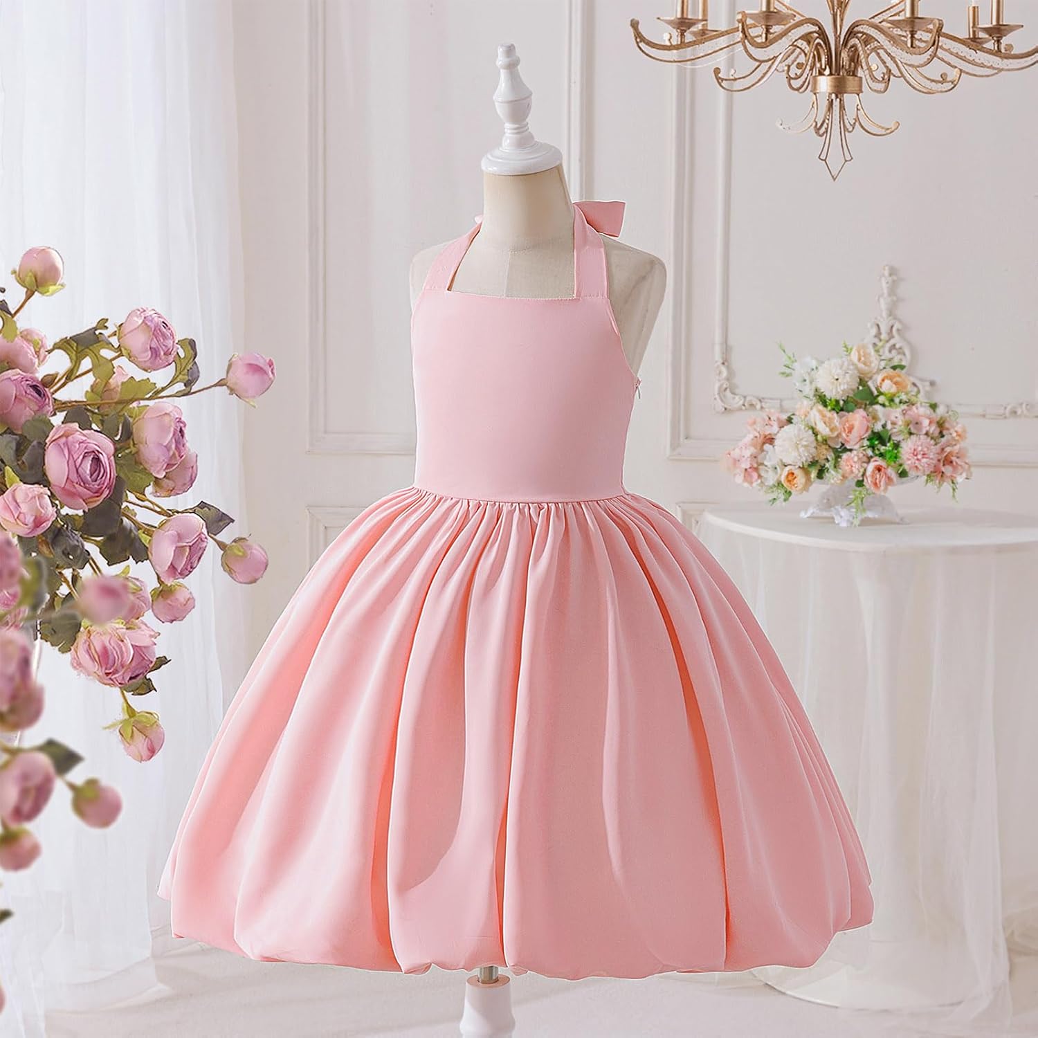 OBEEII Kids Girls Halter Bubble Ruffle Dress Summer Sleeveless A-line Solid Color Midi Dress Elegant Formal Prom Gown