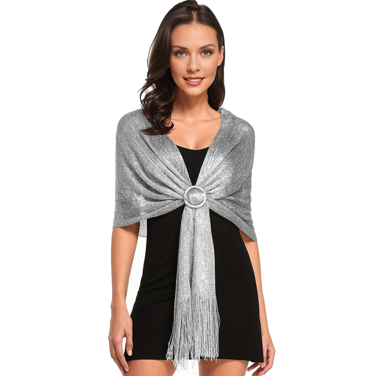 Scialle Donna Oro Con Fibbia - Stola Scintillante Per Serate, Matrimoni E Feste | Poliestere Metallizzato - Foto 5