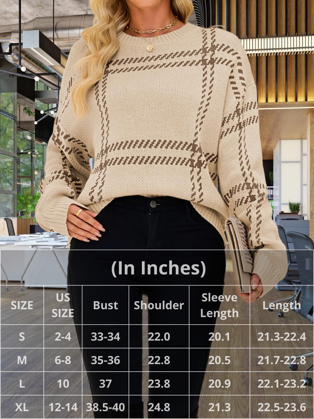 Checkered Pullover Sweaters, Crew Neck Long Sleeve, Fall Clothing, Lightweight Sweater for Women Striped Plaid