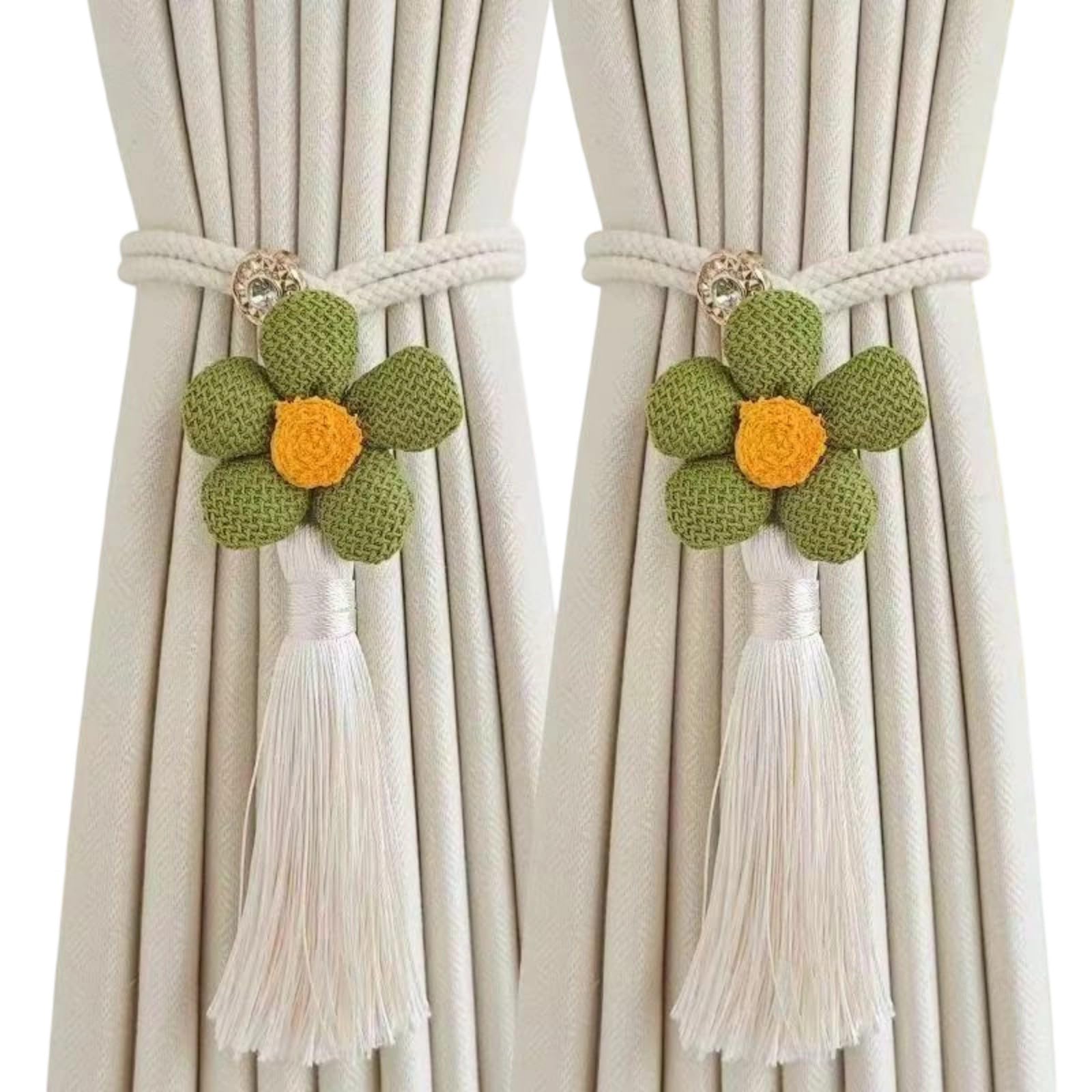 Ljhnba Green Of 2 Curtain Tie Backs Flower Tassels Detailing Braided Rope Drape Holdbacks Ties For Home Offices Window Drapery Elegant Window Decors