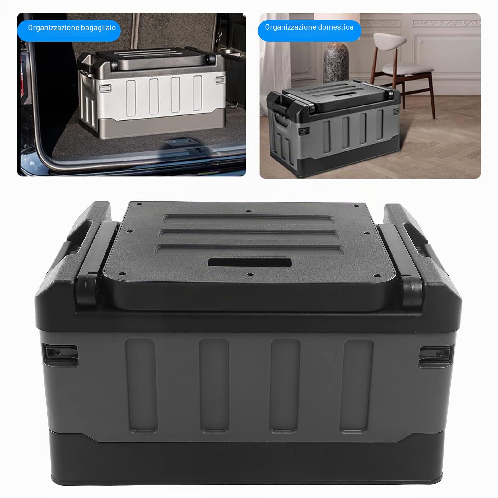Scatola Portaoggetti Pieghevole 2 in 1, Organizer Bagagliaio Auto con Sedia, 70 Litri, Capacità 200 Kg