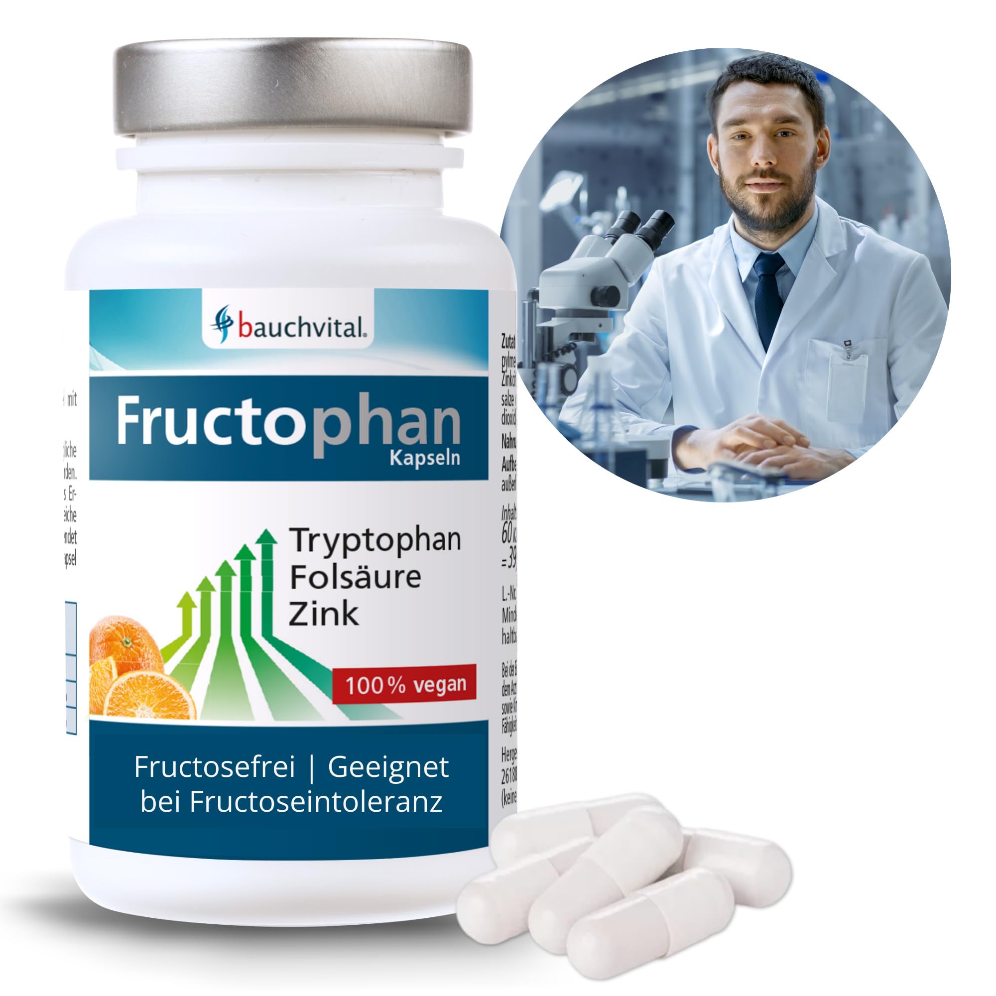 Fructophan 60 Kapseln, Topseller mit Zink, Folsäure und Tryptophan. Natürlicherweise fructosefrei. Nur 1 x täglich eine Kapsel.