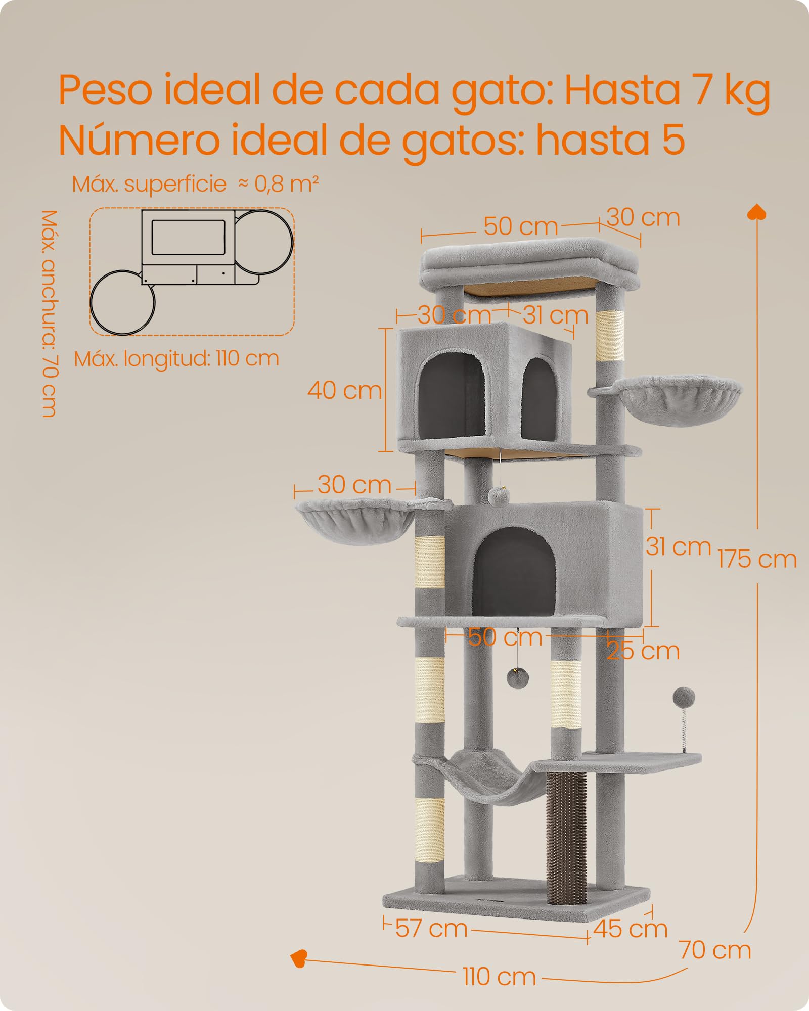 Feandrea Árbol Grande para Gatos, Torre para Arañar de 175 cm, Multinivel con Cuevas, Cestas, Rascadores, Gris Paloma