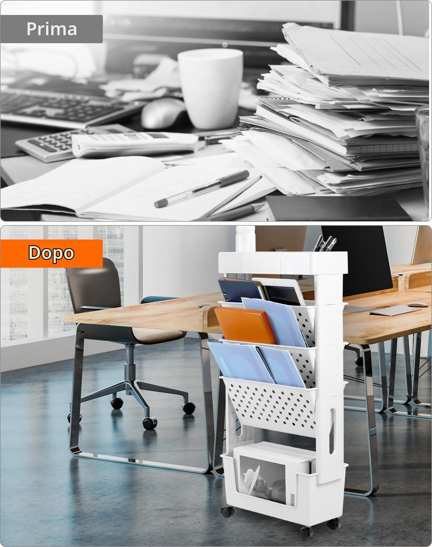 QWORK® Scaffale per libri mobile, bianco, carrello portaoggetti mobile con ruote, ripiano organizzativo multifunzionale