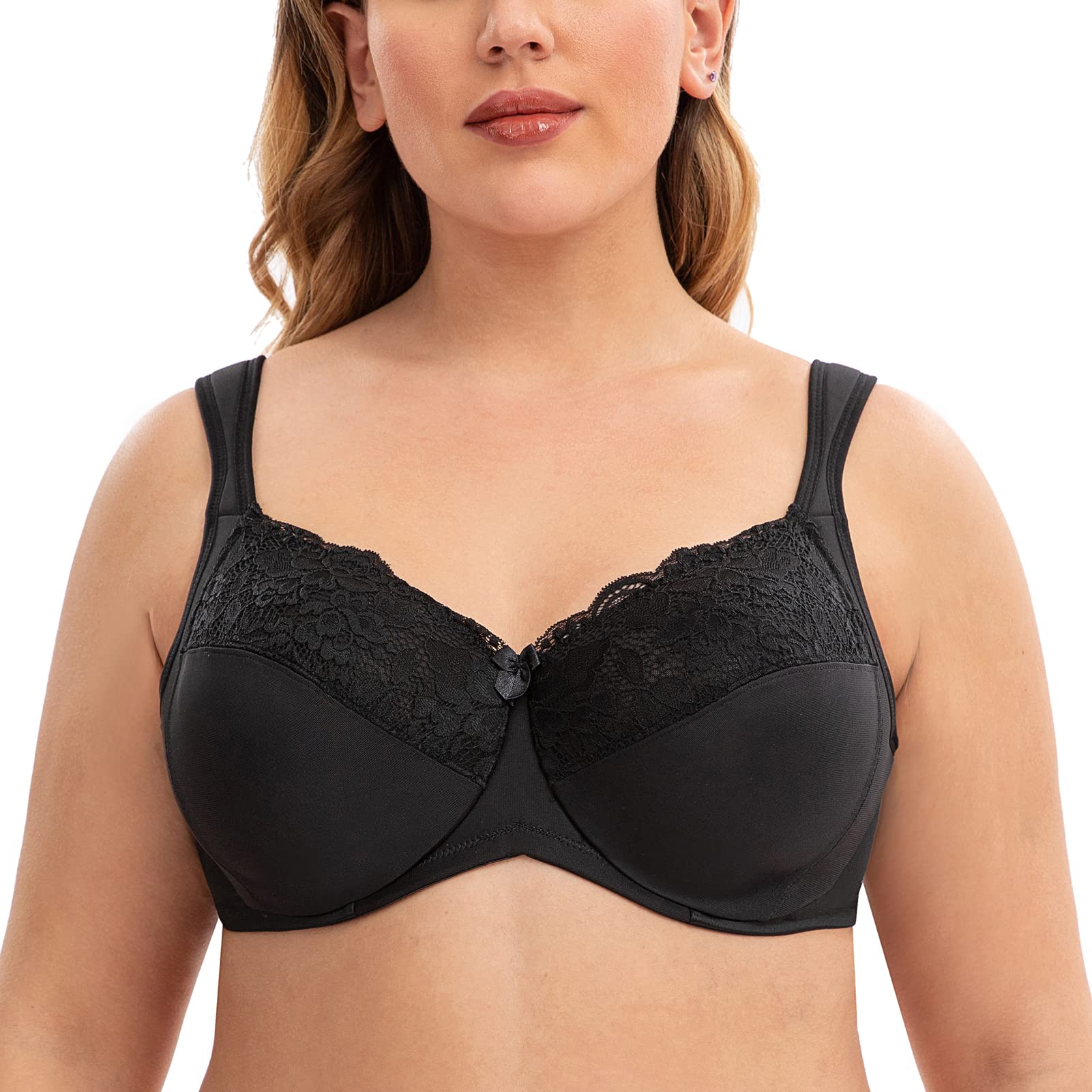 CASOLACE Women's Minimizer Cushion Strap Plus Size Full Coverage Lace Unlined Bra Black 36I