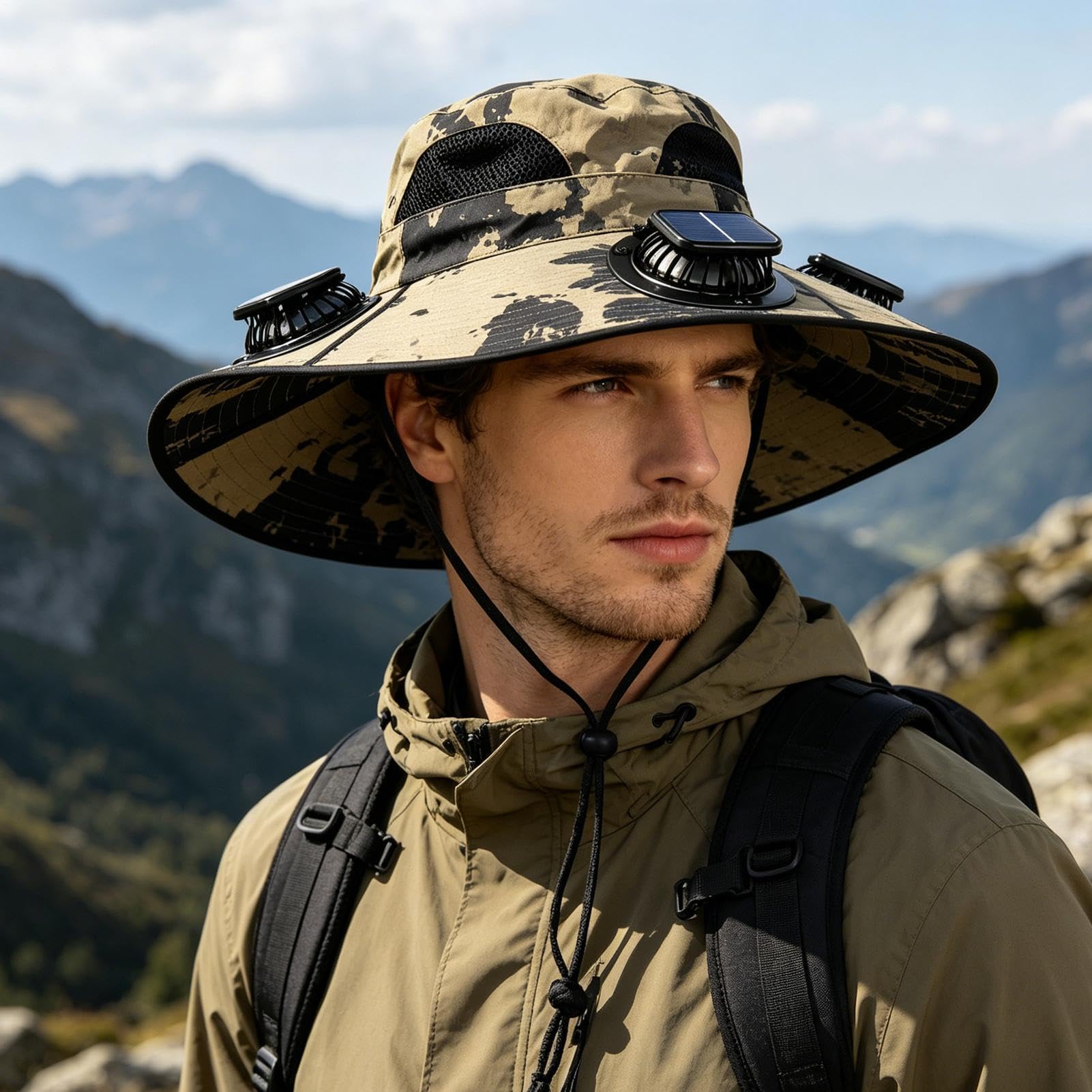 Générique Sonnenhut mit Ventilator, atmungsaktiv, 3 Geschwindigkeitsstufen, breiter Rand, verstärkt durch Metalldraht, belüftet, Solarhut – ideal für Wandern, Angeln, Camping