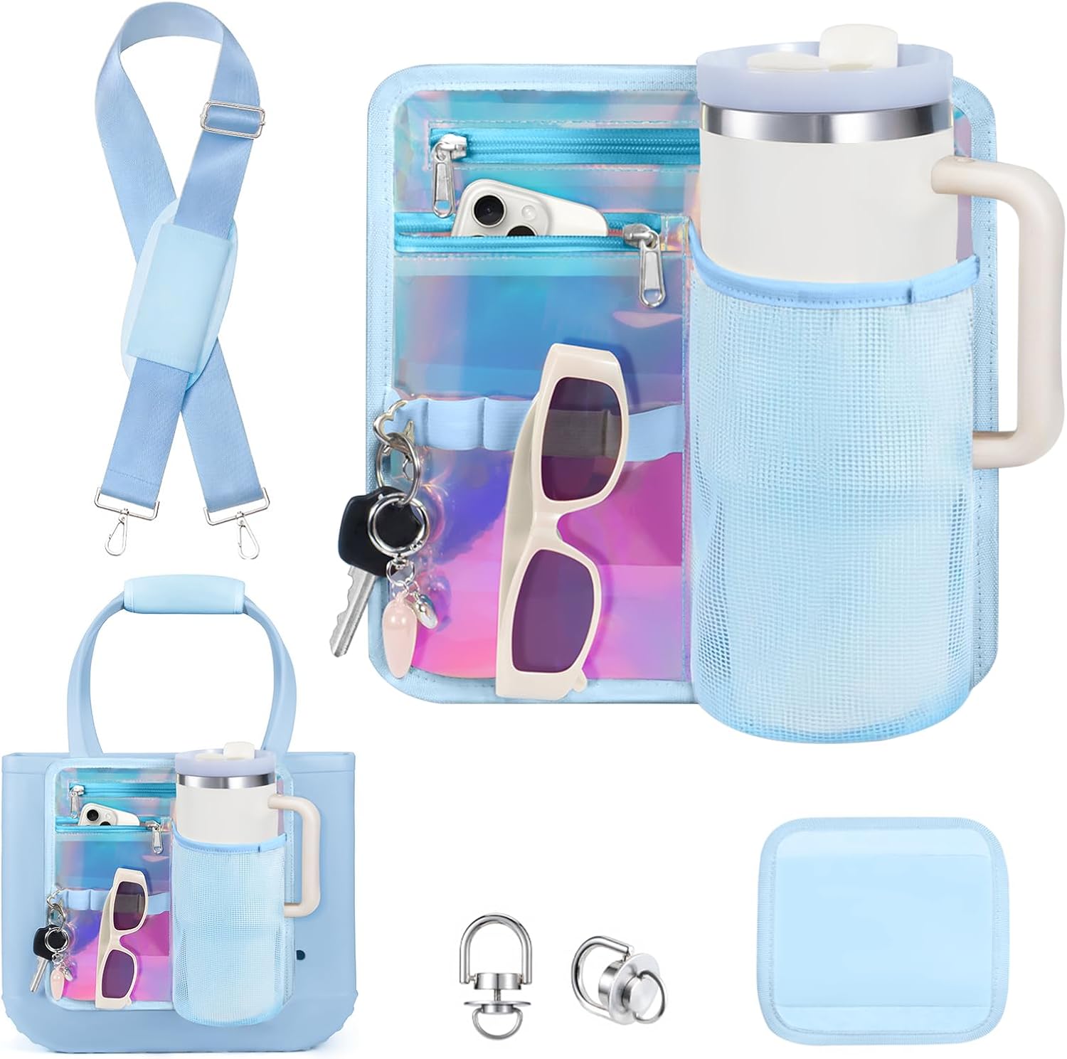 Cup Holder and Phone Zipper Pouch with Adjustable Strap for Bogg Bag Multifunctional Accessories Charm Compatible with Bogg Bag Medium Large XL, Bonus with Neoprene Handle Wrap Blue