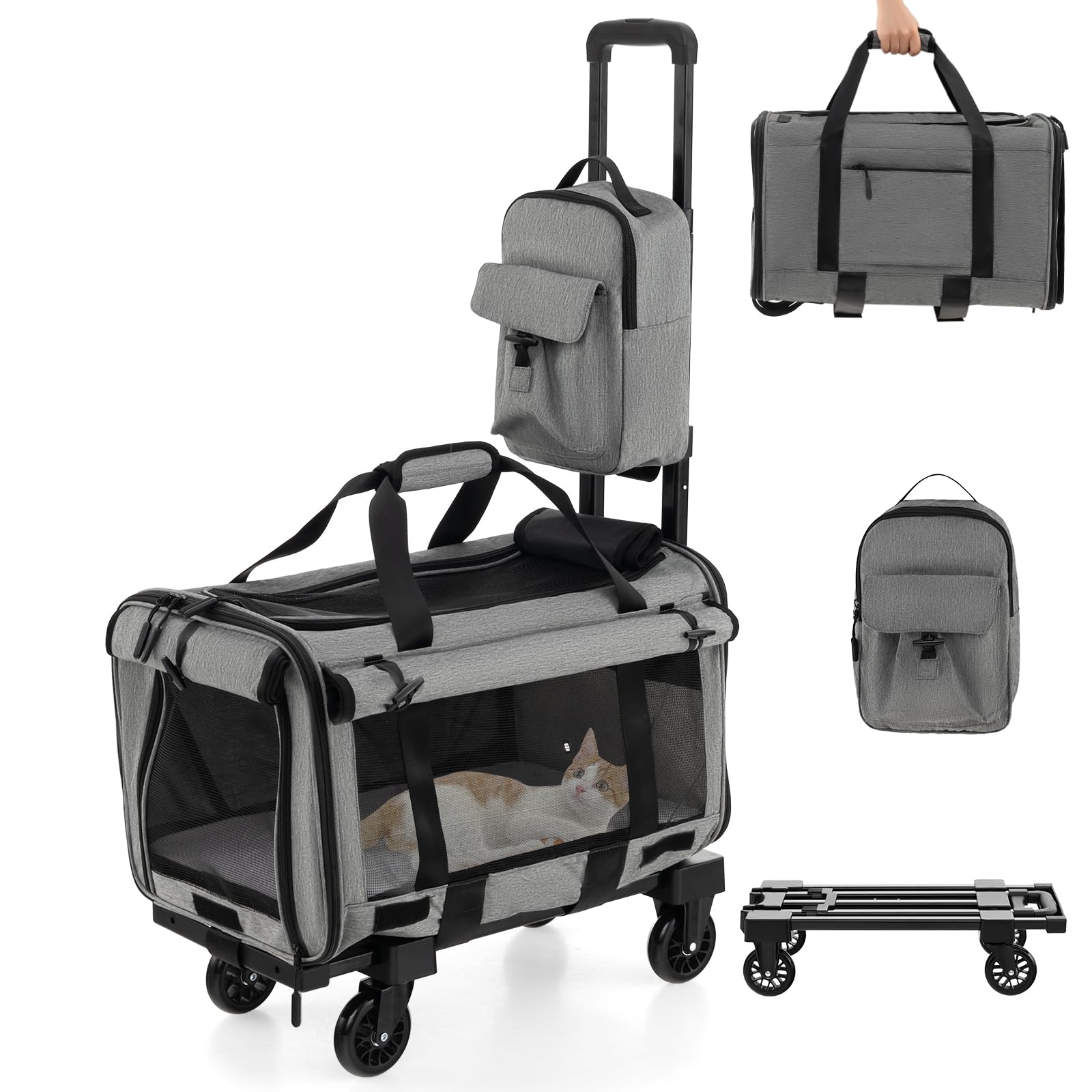 SORAS Transportbox Katze 57 x 34 x 34 cm, Flatbare Transporttasche für Hund mit Rädern, Teleskopgriff, doppelseitigen Kissen, extra Tasche, Reisebox für kleine & mittelgroße Haustiere