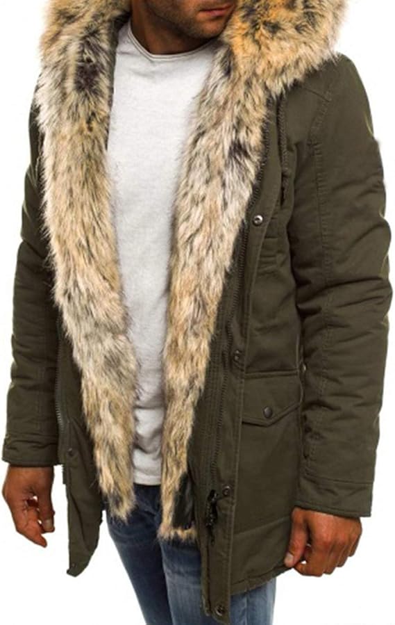 Men's Faux Fur Coat Jacket Winter Warm Long Coats with Hooded Outerwear