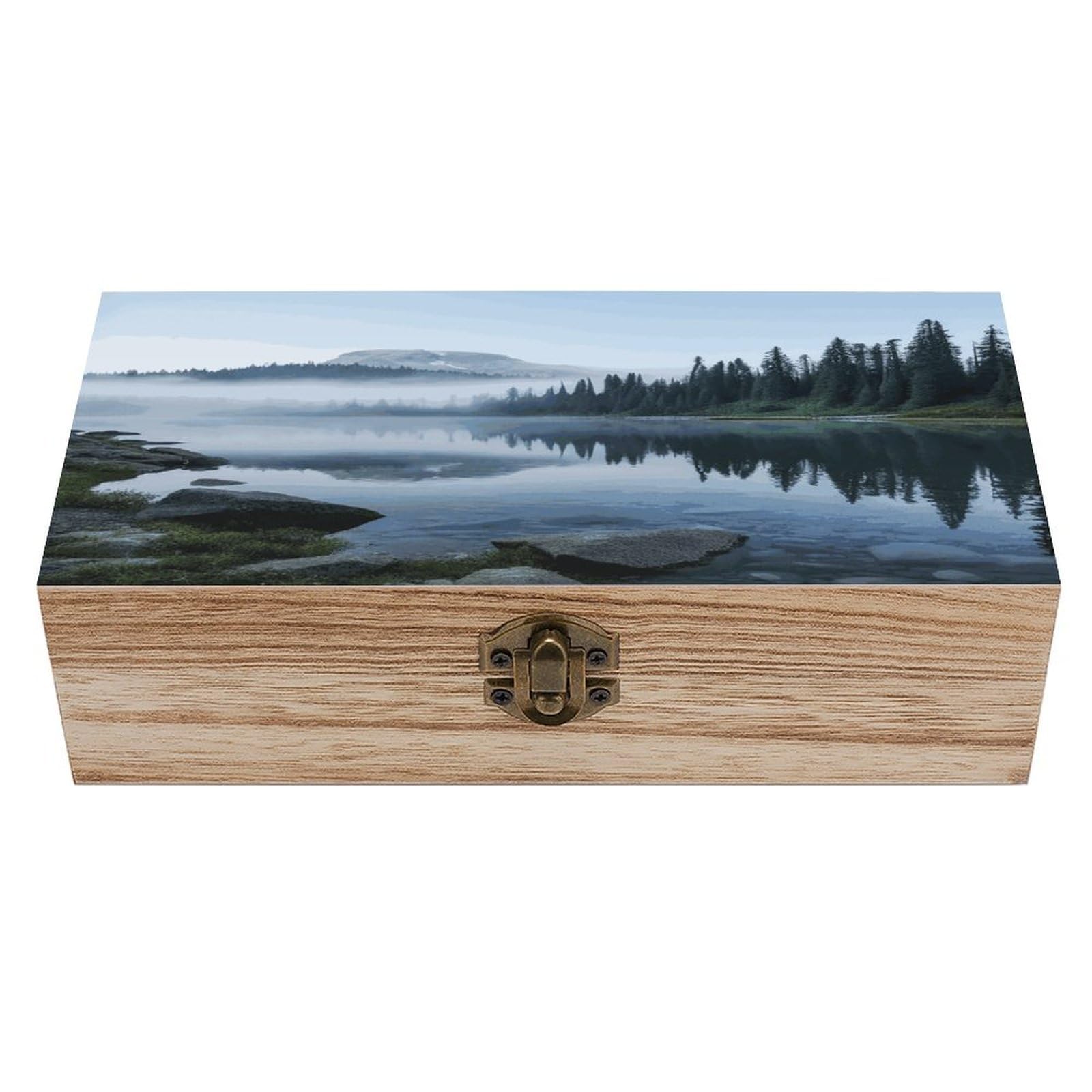 JTREHY Foggy Lake by Mount Rainier Wooden Keepsake Box Vintage-Style Wood Keepsake Case with Hinged Lid Solid Wood Boxes Beautifully Memory Treasure Case Vintage-Style Wooden Storage Box