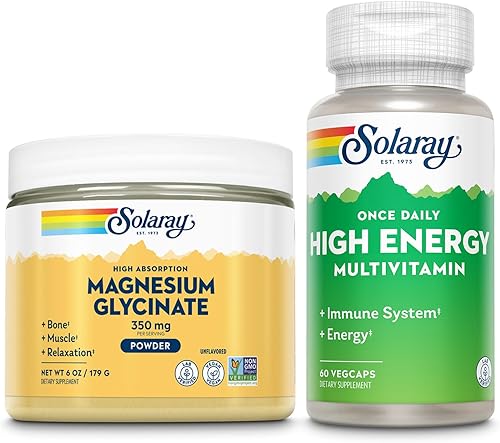 SOLARAY Polvo de glicinato de magnesio de 350 mg y paquete multivitamínico de alta energía  Magnesio quelado y una vez al día Multi  Salud ósea,