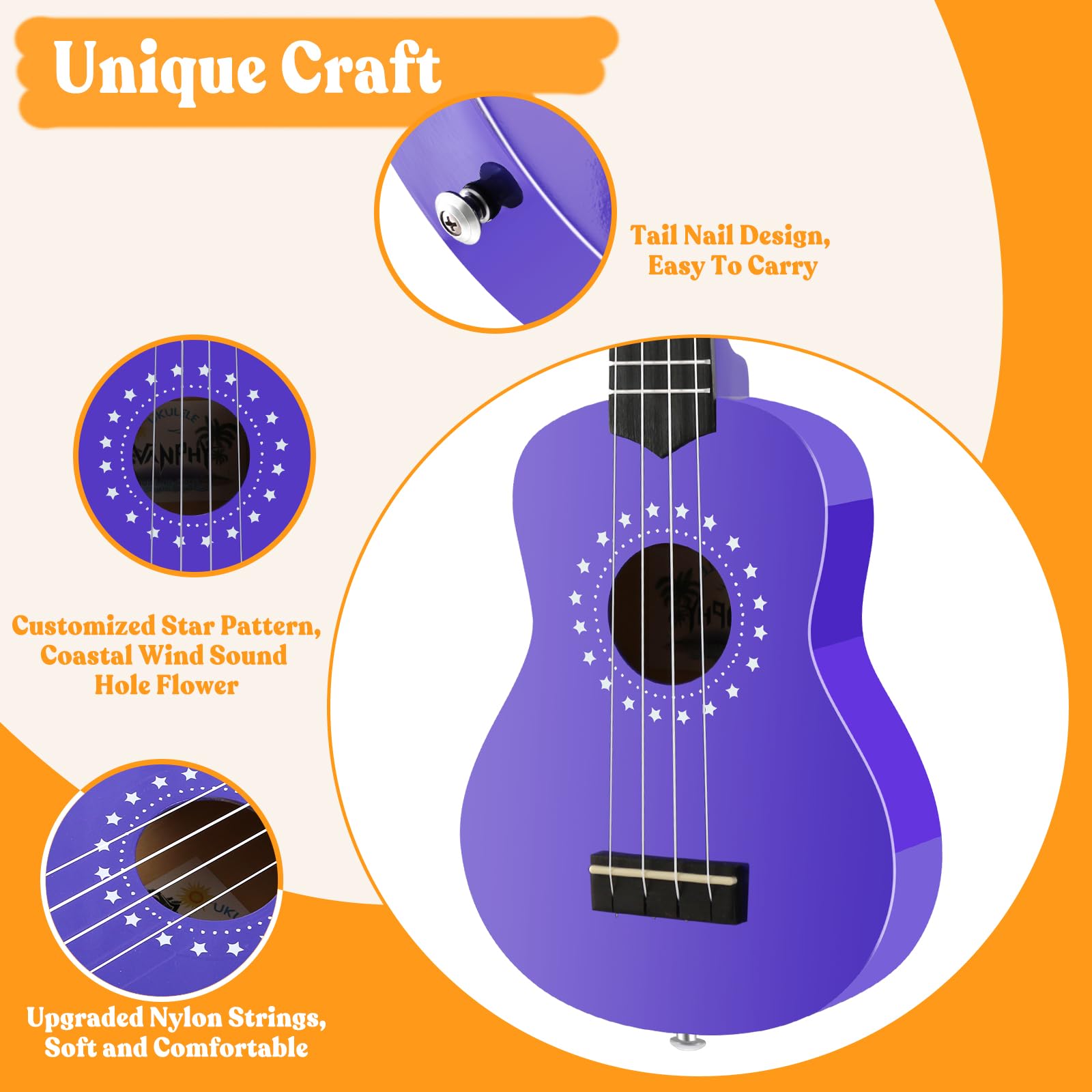 Sopran-Ukulele für Kinder, 53,3 cm, Ukulele mit Tasche, Gurt, Plektren, Songbook-Reinigungstuch, geeignet für Erwachsene und Anfänger (lila)