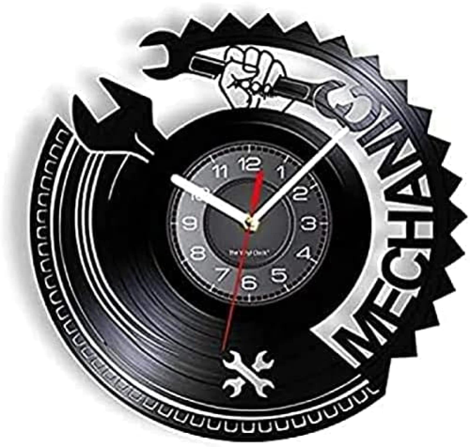Horloge murale ronde 12 pouces en vinyle noir style outils de mécanicien pour garage