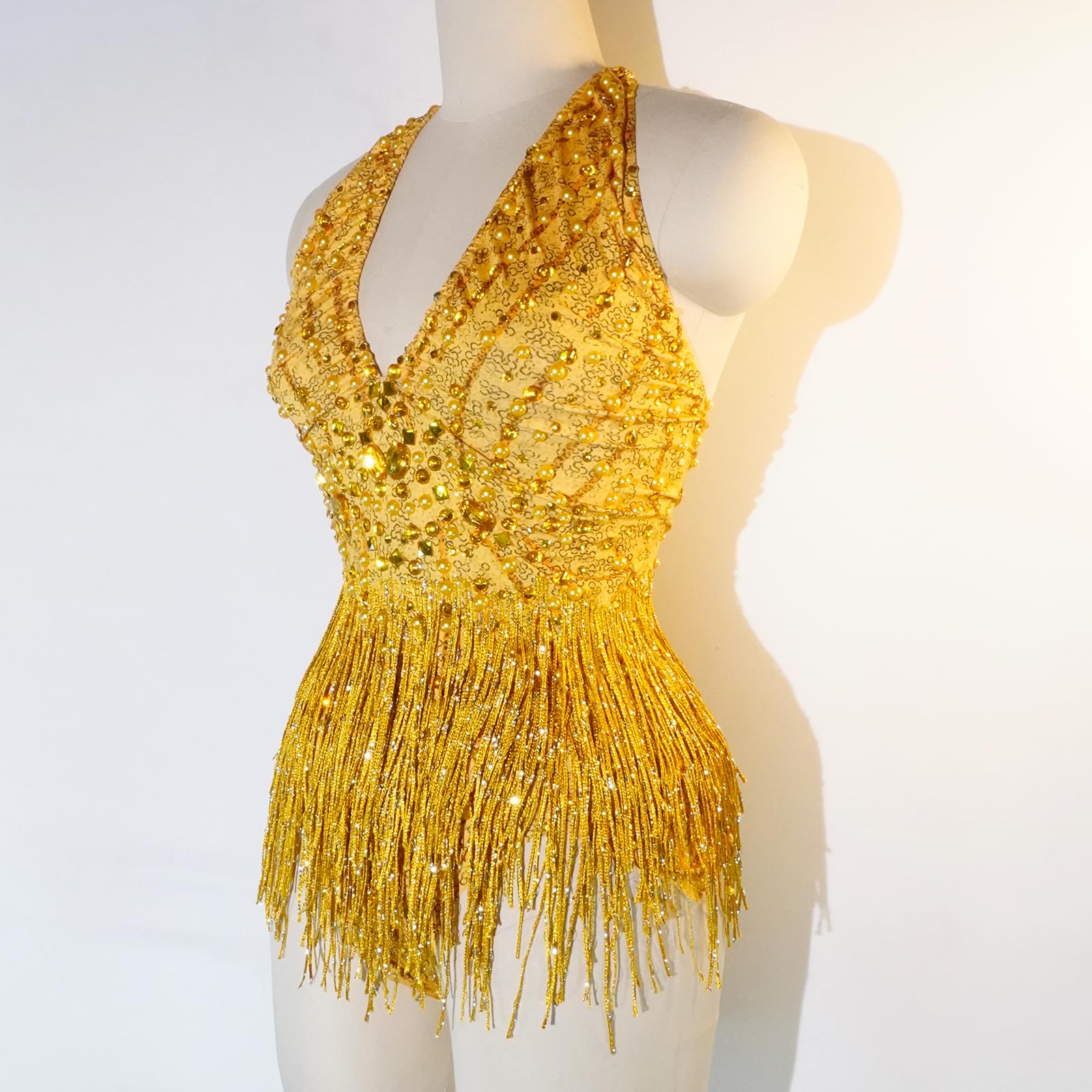 Body sexy de cristal amarillo con flecos para fiesta de discoteca, cumpleaños, celebración, cantante, equipo, pole dance